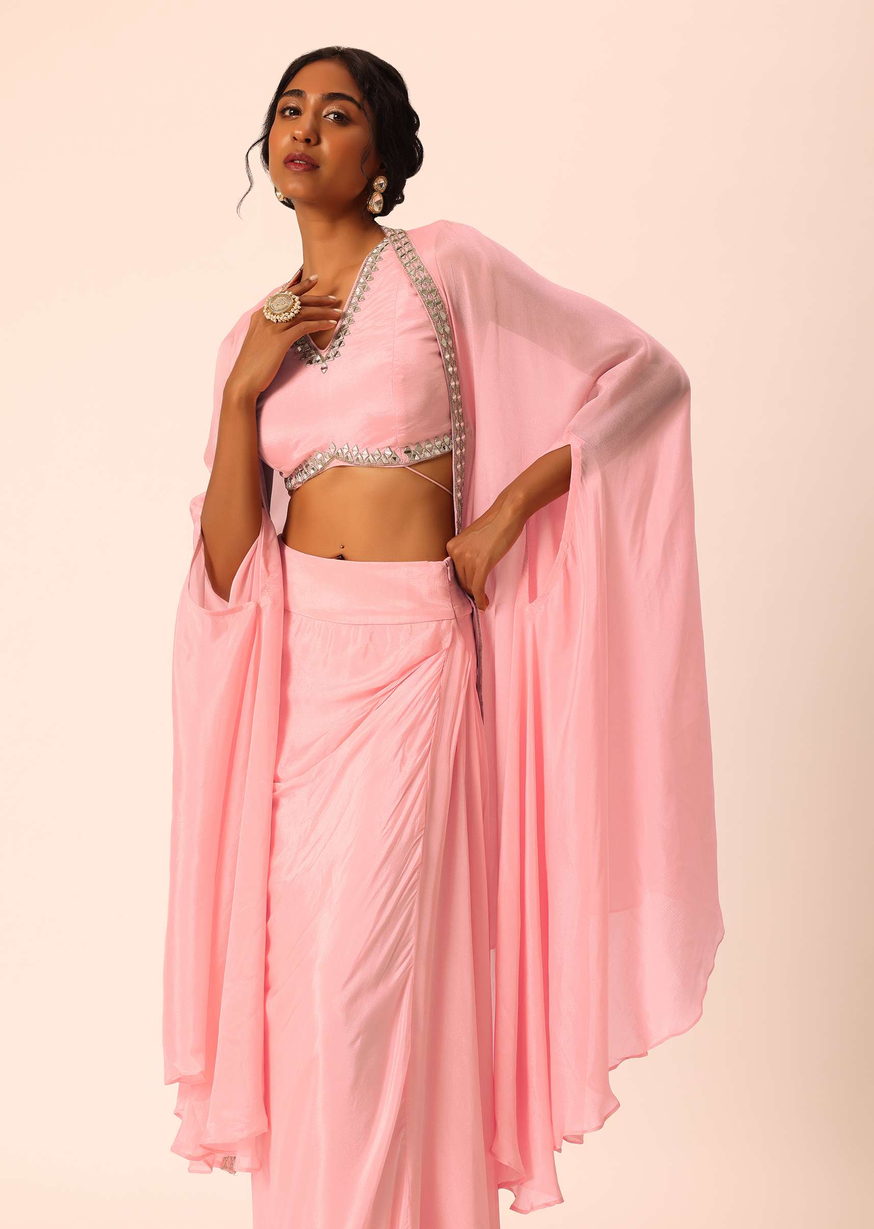 Pink Jacket And Dhoti Set With Mirror Work - Image 4