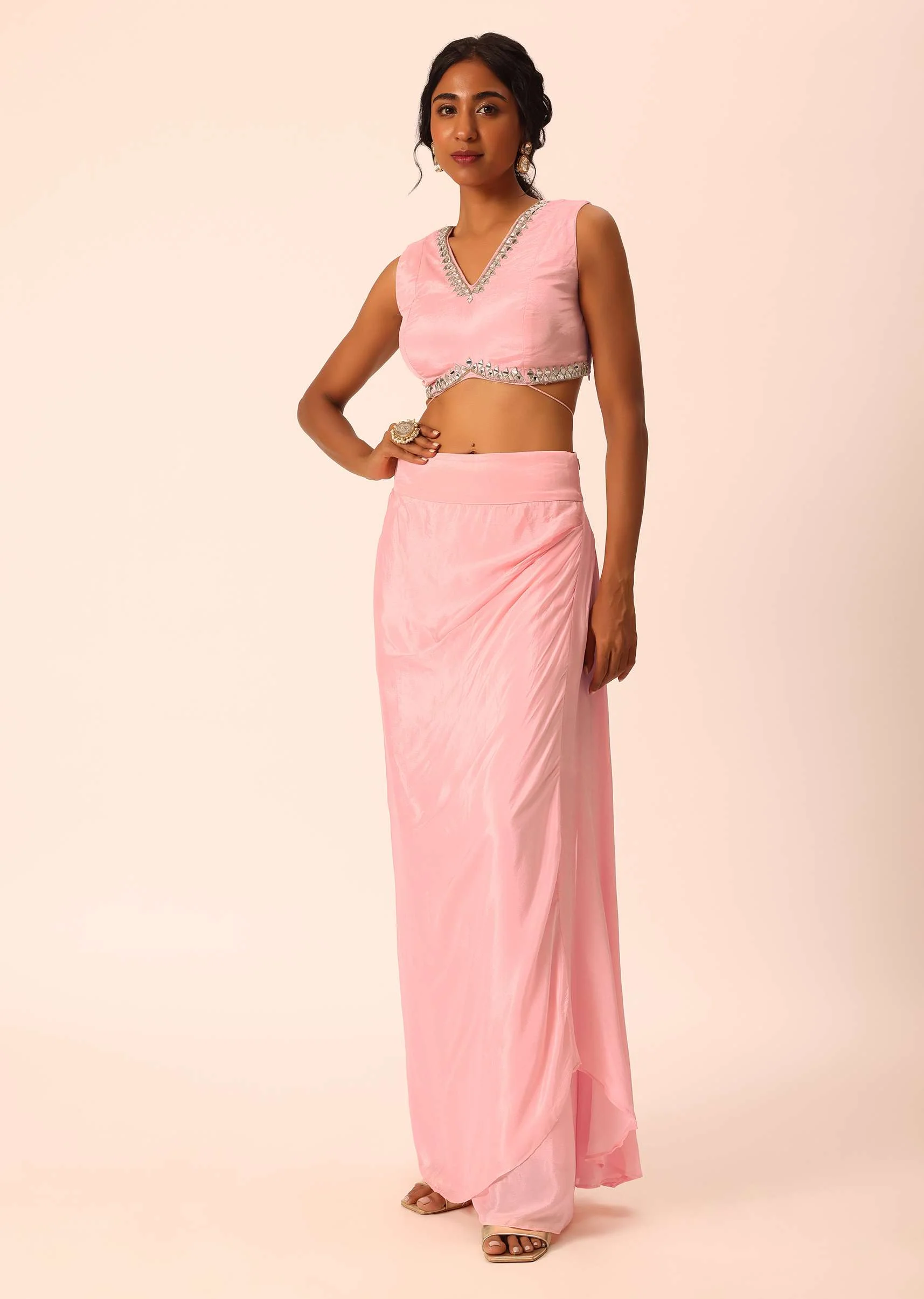 Pink Jacket And Dhoti Set With Mirror Work - Image 5