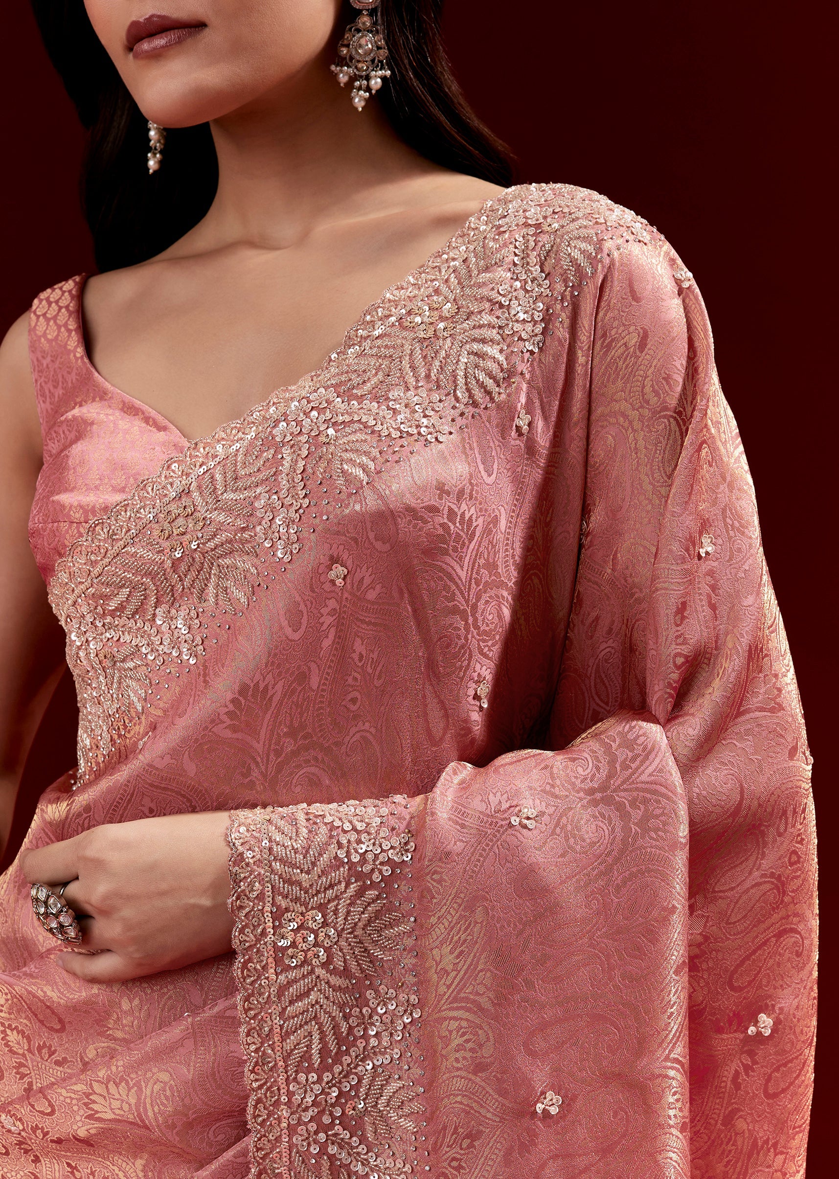 Pink Jacquard Soft Silk Saree With Heavy Embroidered Border And Butti - Image 2