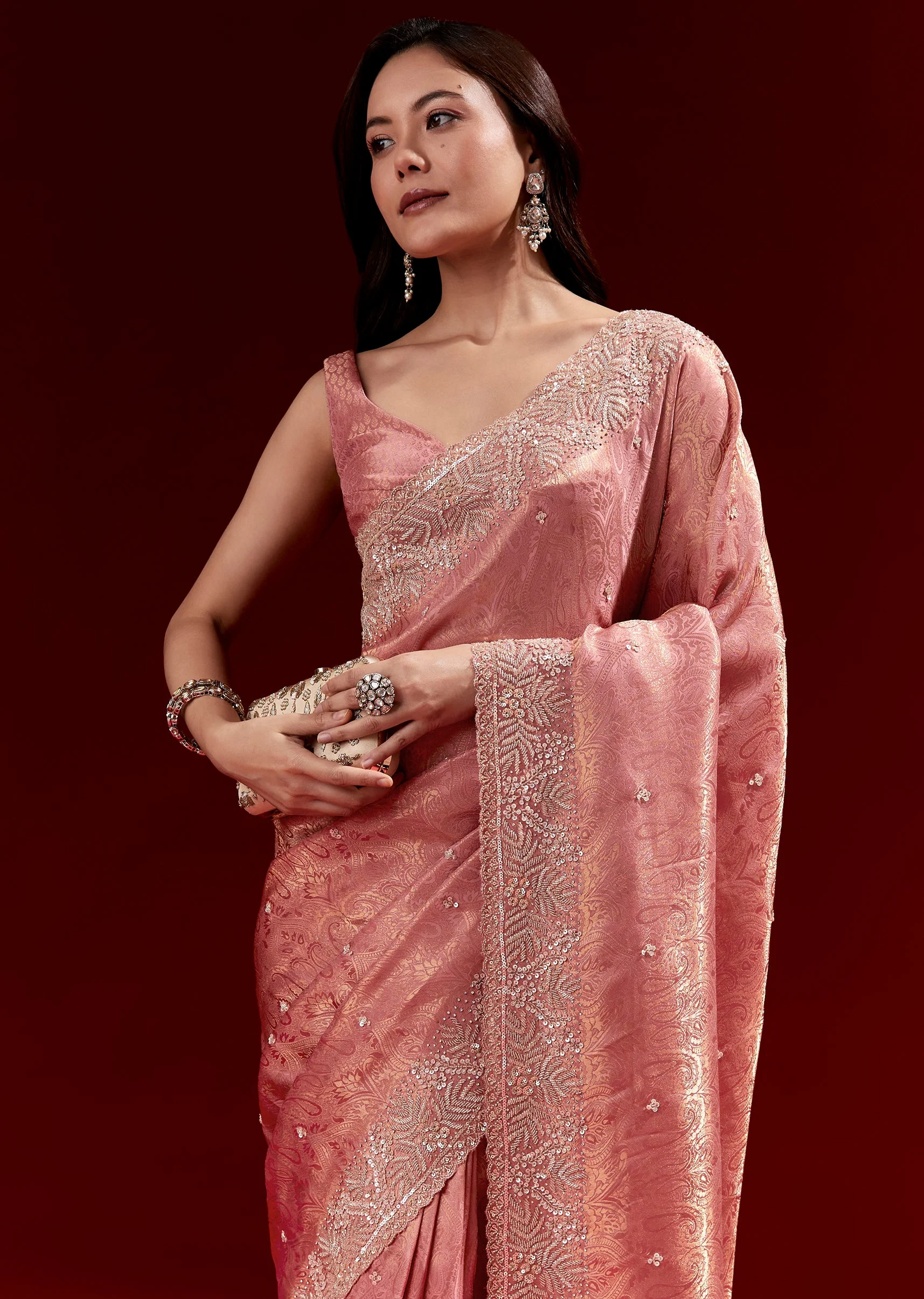 Pink Jacquard Soft Silk Saree With Heavy Embroidered Border And Butti - Image 5