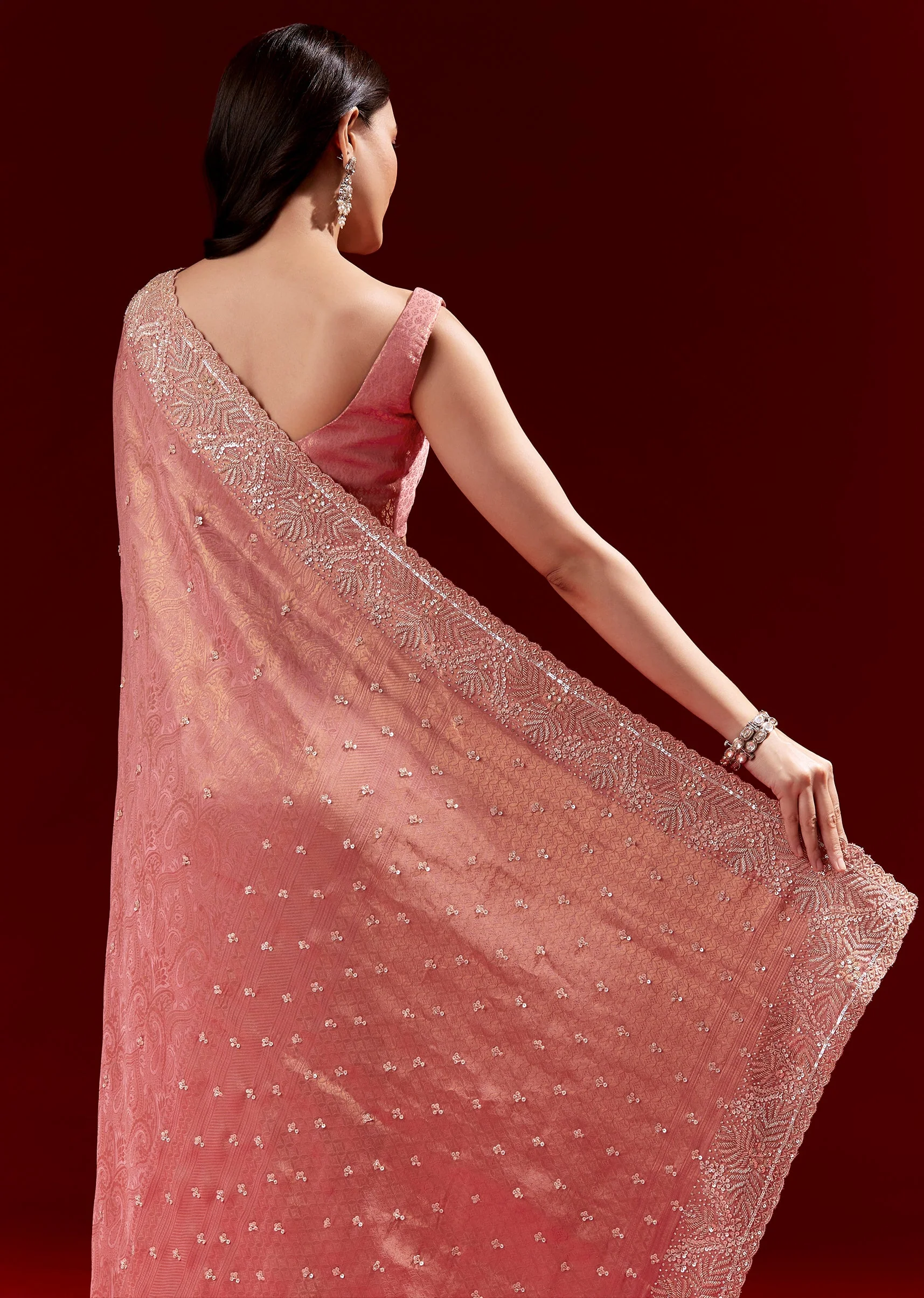 Pink Jacquard Soft Silk Saree With Heavy Embroidered Border And Butti - Image 6