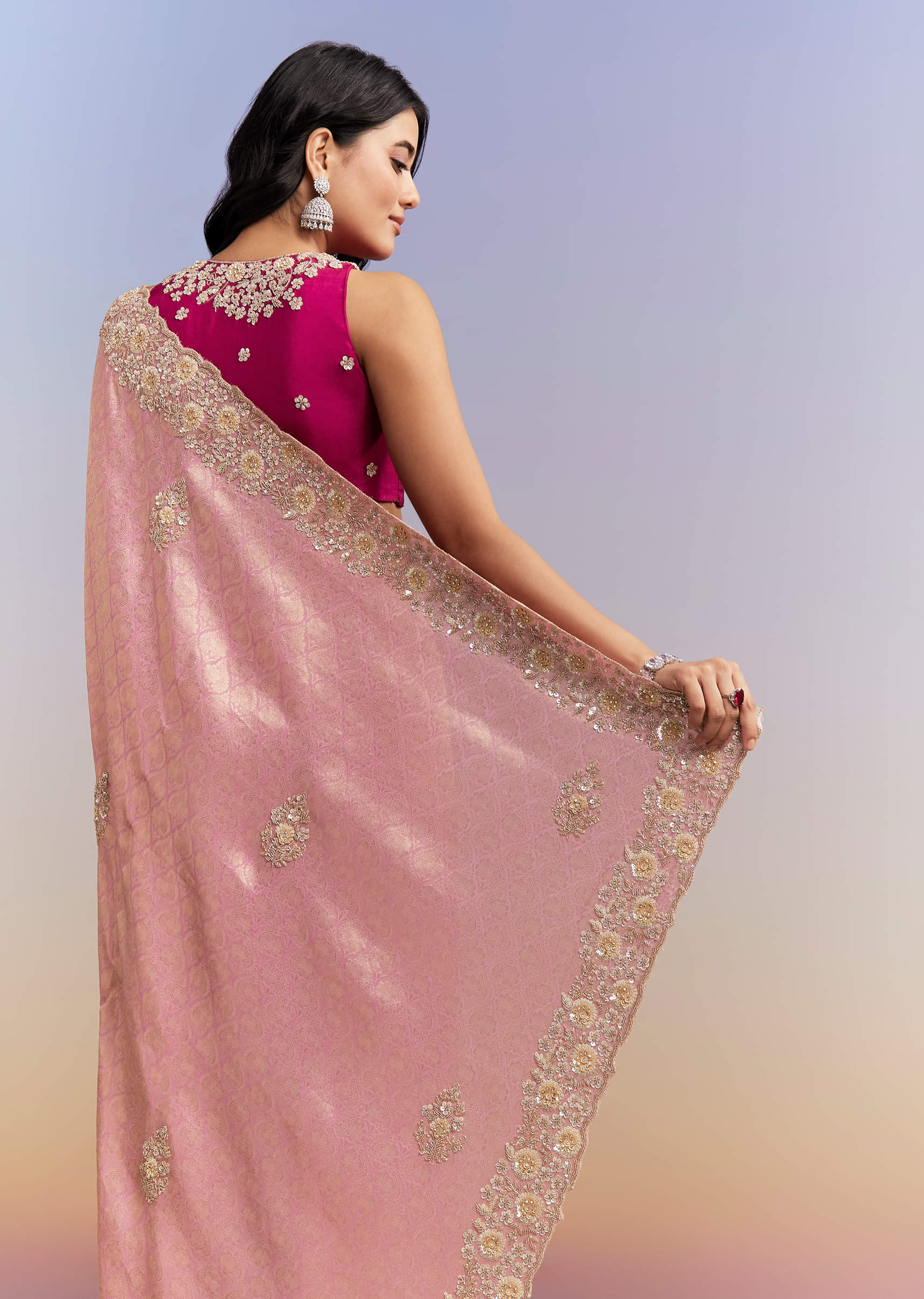 Pink Jacquard Tissue Saree With Heavy Hand Embroidery - Image 6