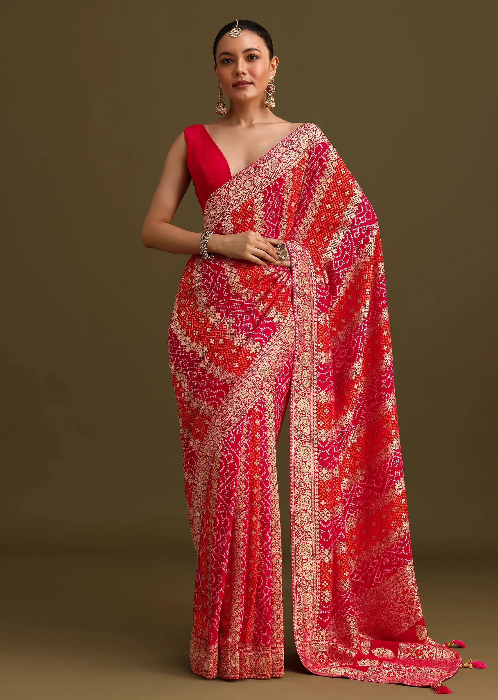 Pink Khaddi Georgette Saree With Gotta Patti Border And Unstitched Blouse - Image 3