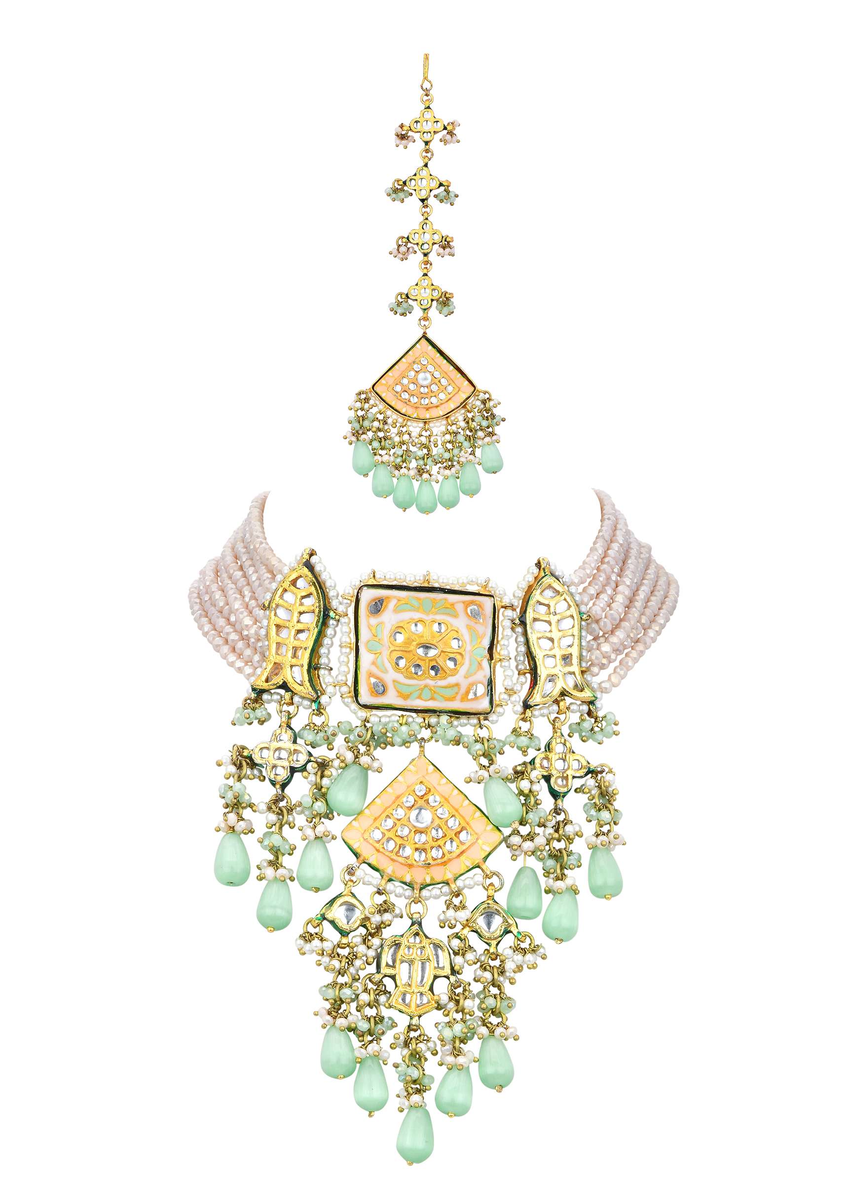 Pink Kundan Choker Set With Green Bead Drops - Image 5
