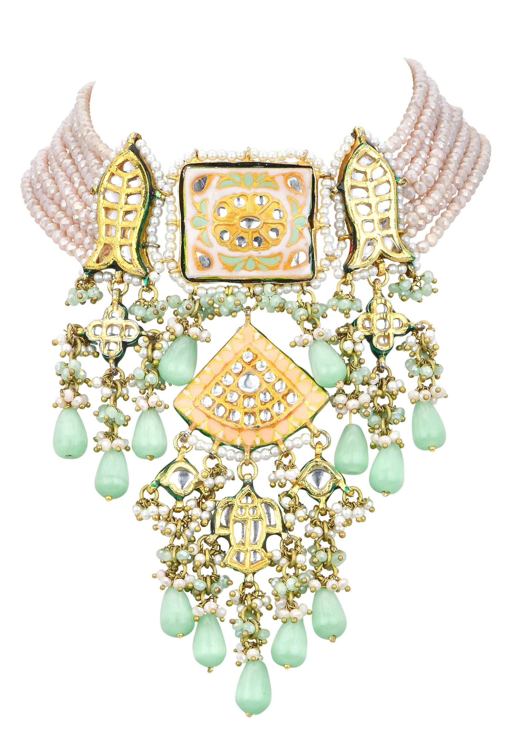 Pink Kundan Choker Set With Green Bead Drops - Image 6