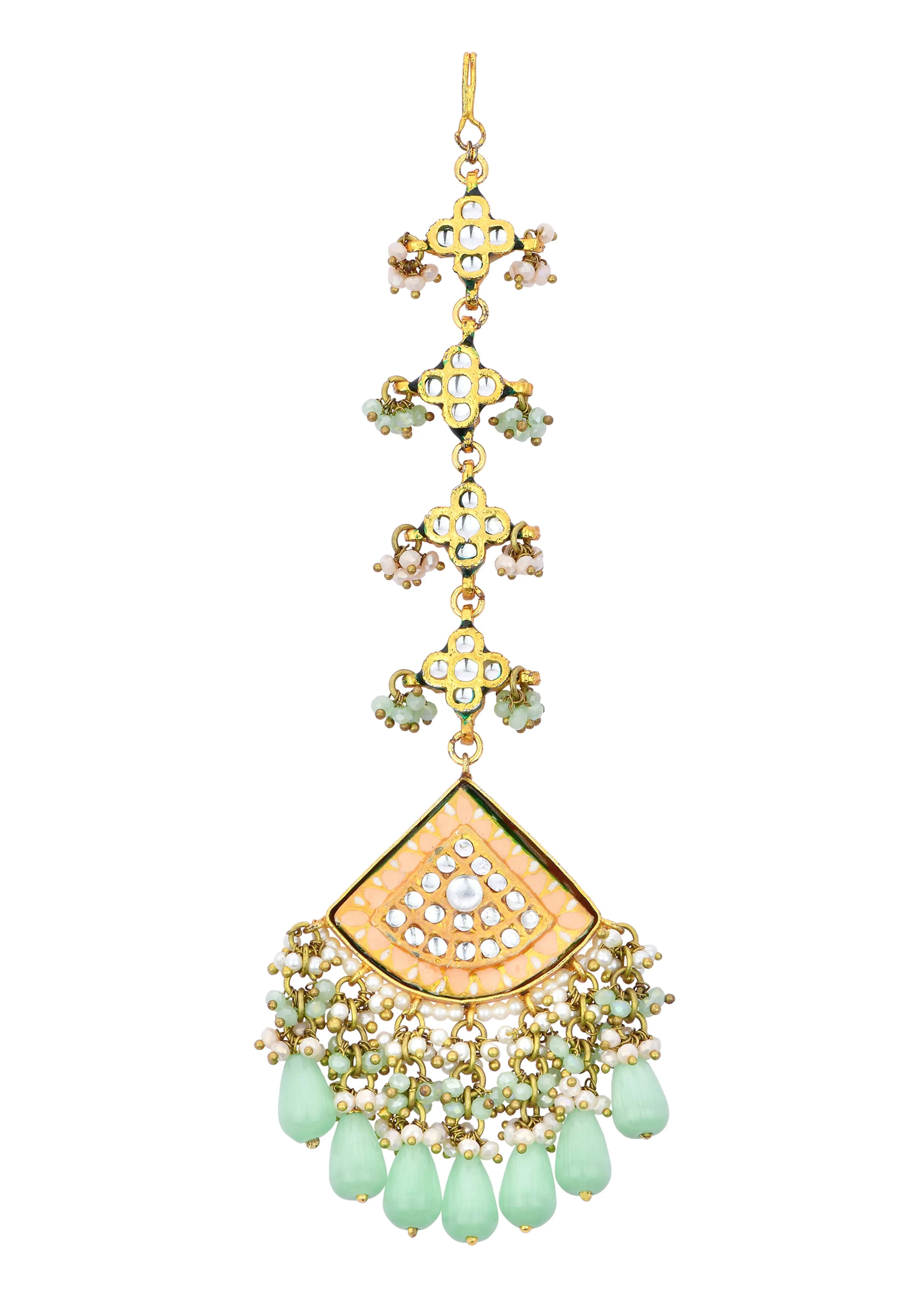 Pink Kundan Choker Set With Green Bead Drops - Image 7