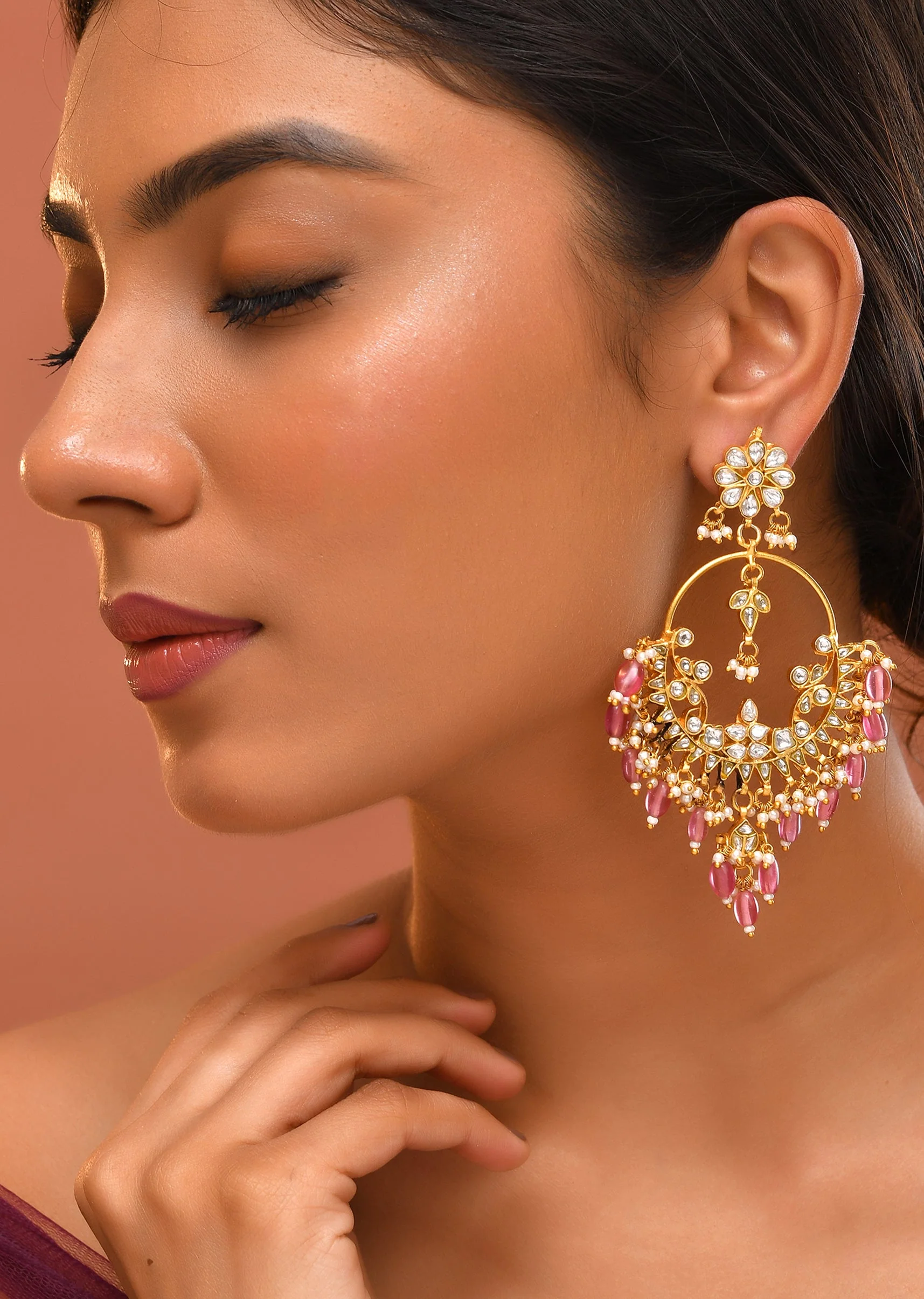 Pink Kundan Oversized Bead Drop Earrings
