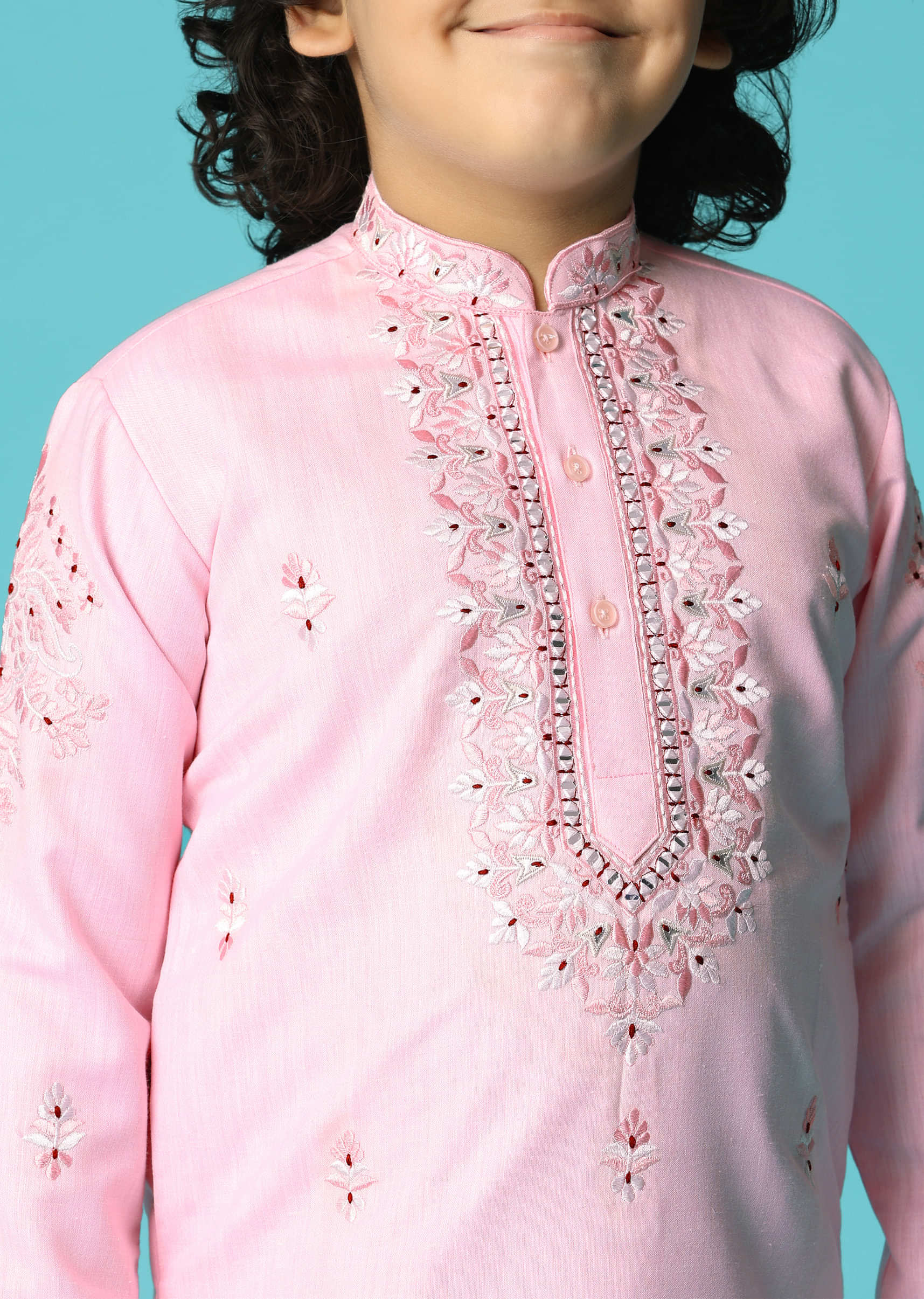 Pink Linen Kurta Pant With Resham Work For Boys - Image 2