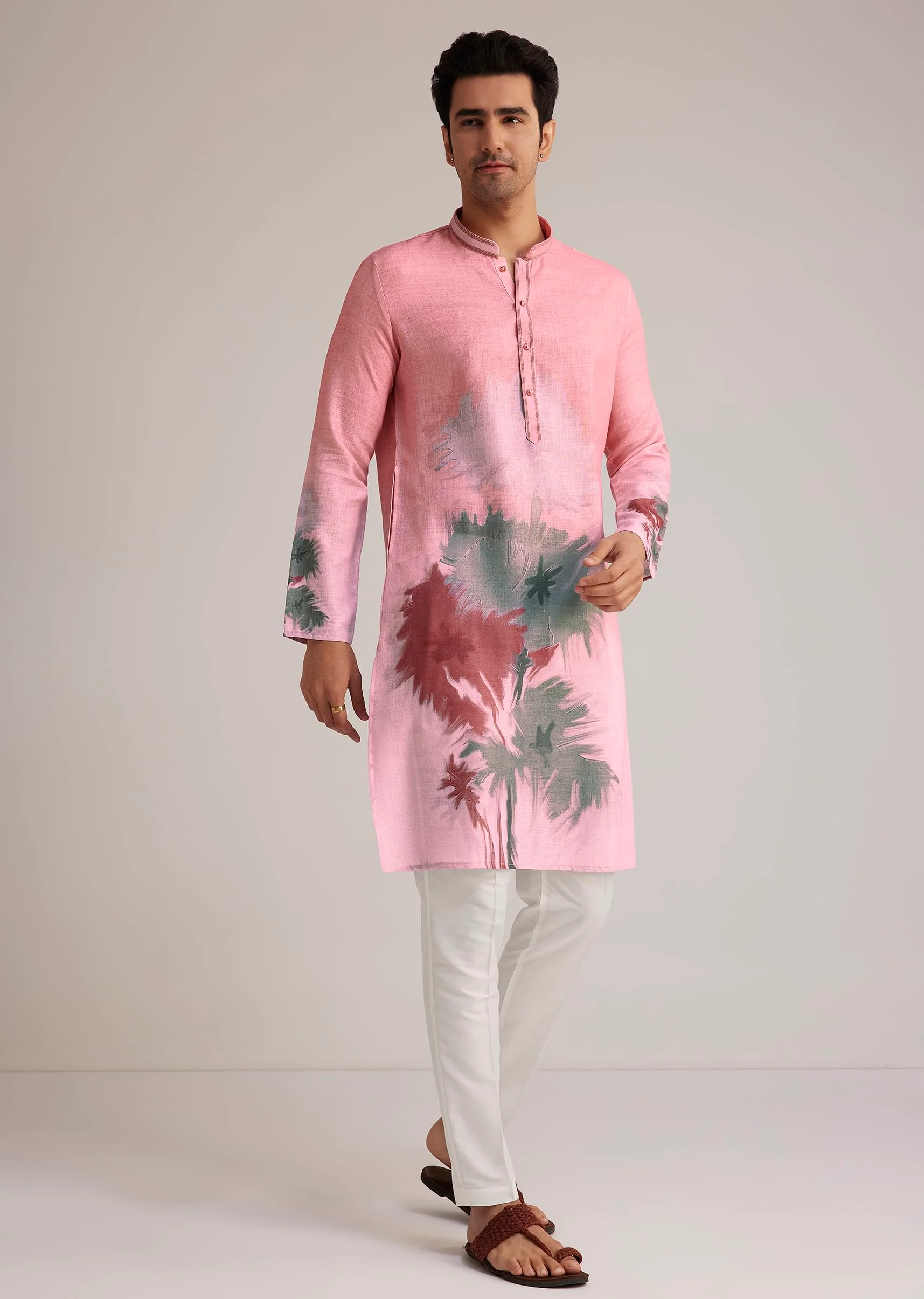 Pink Linen Ombre Kurta Set With Abstract Print - Image 2