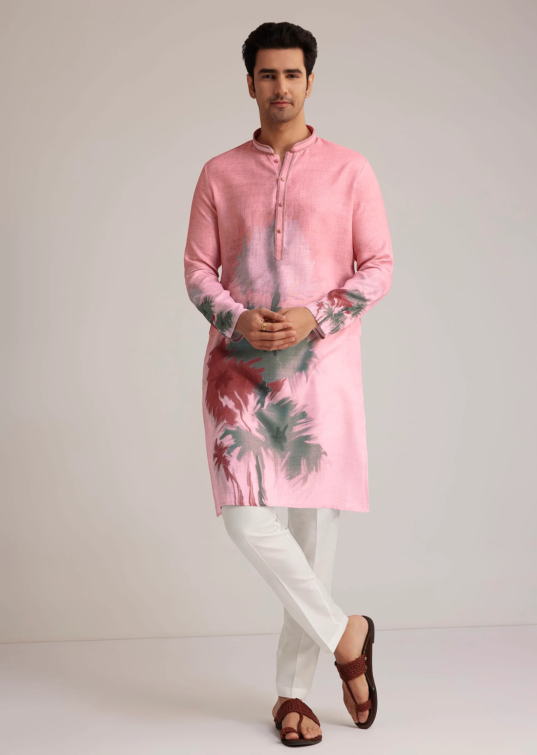 Pink Linen Ombre Kurta Set With Abstract Print - Image 4