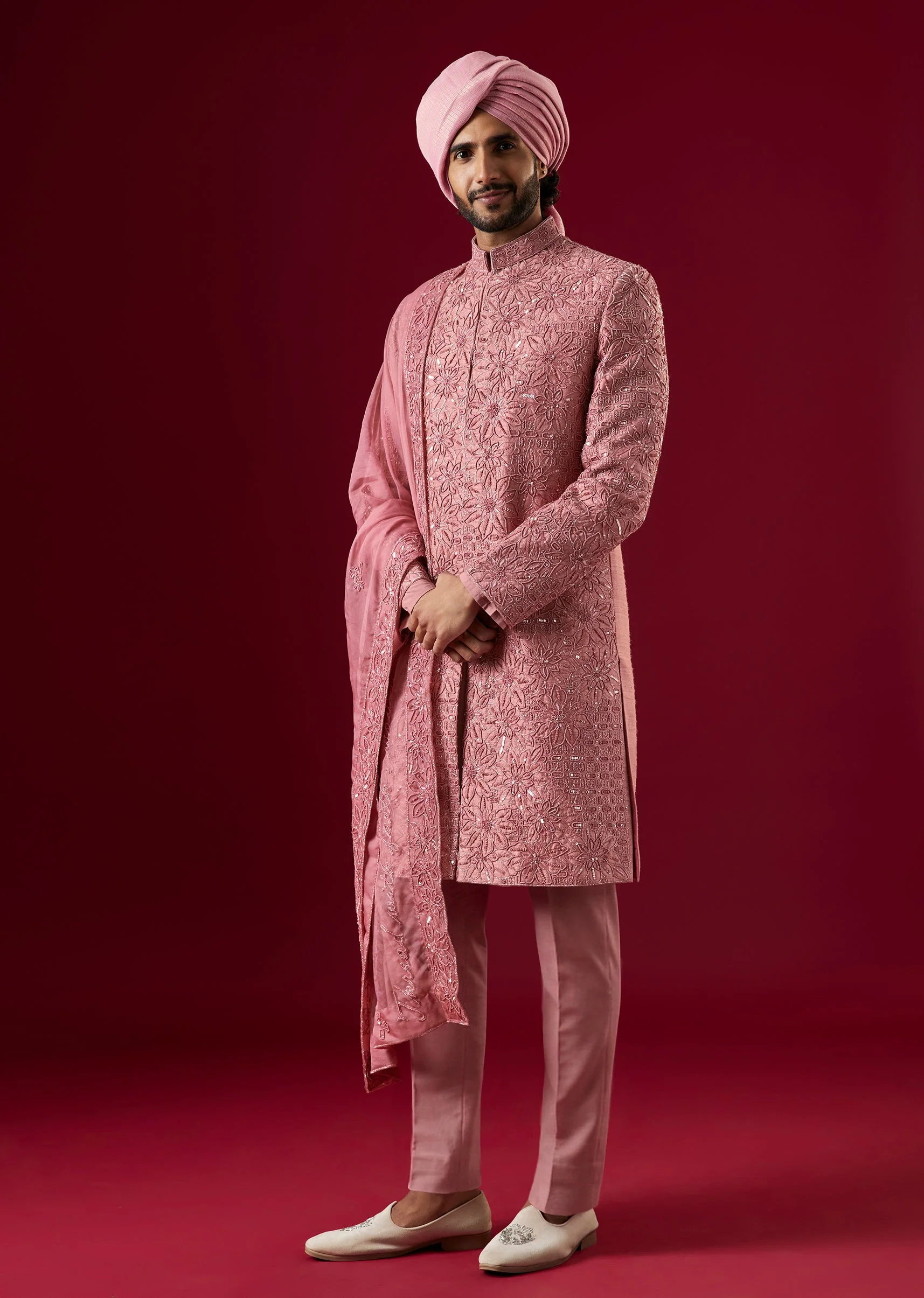 Pink Linen Sherwani Set With Sequin Work - Image 3