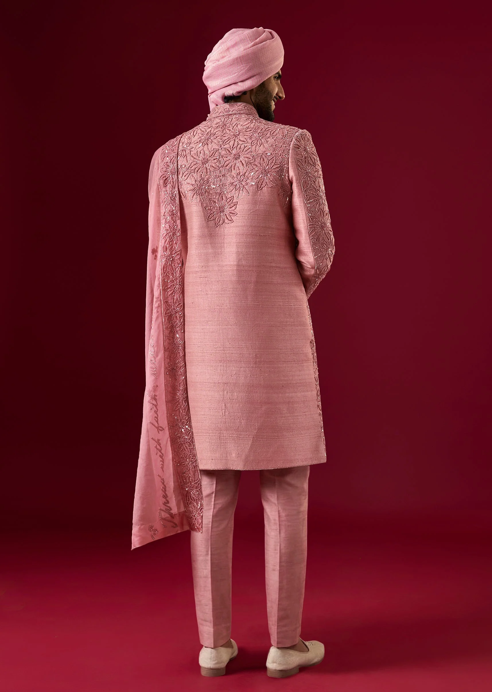 Pink Linen Sherwani Set With Sequin Work - Image 6