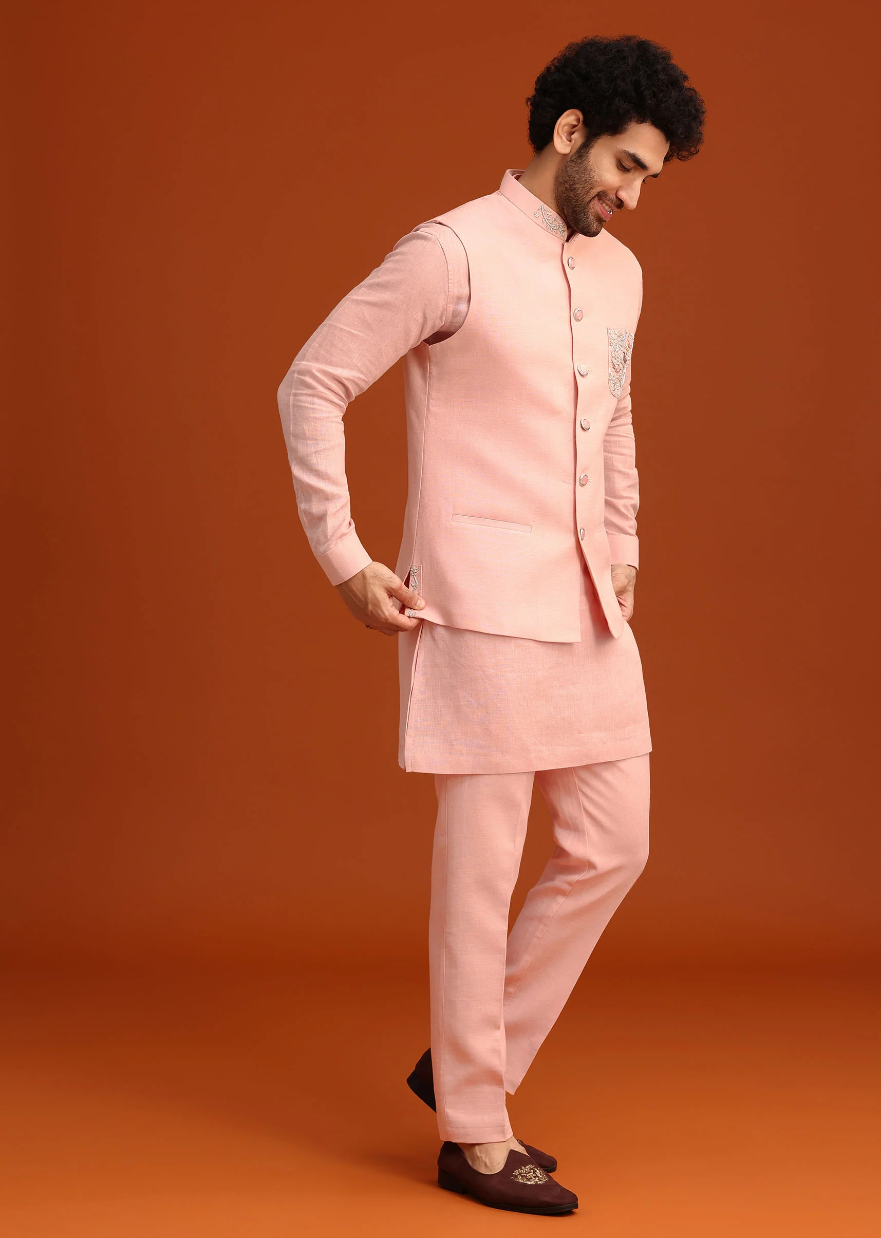 Pink Linen Zardosi Kurta Jacket Set - Image 4