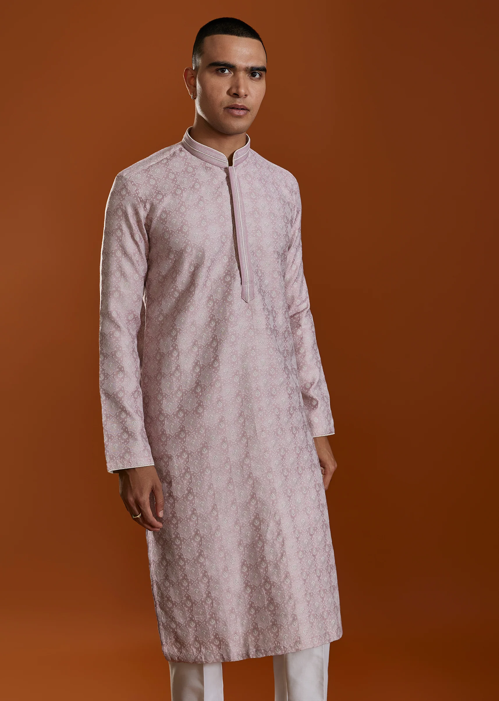 Pink Mens Jacquard Self Work Straight Kurta and Pant Set - Image 4