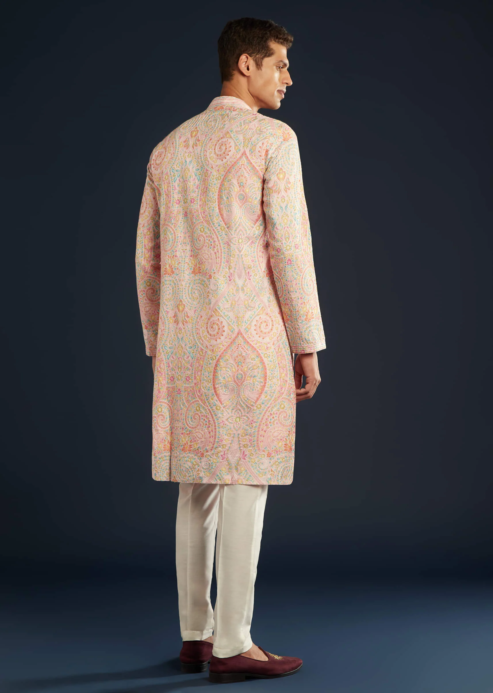 Pink Mens Kurta Set with Resham Thread Embroidery - Image 3