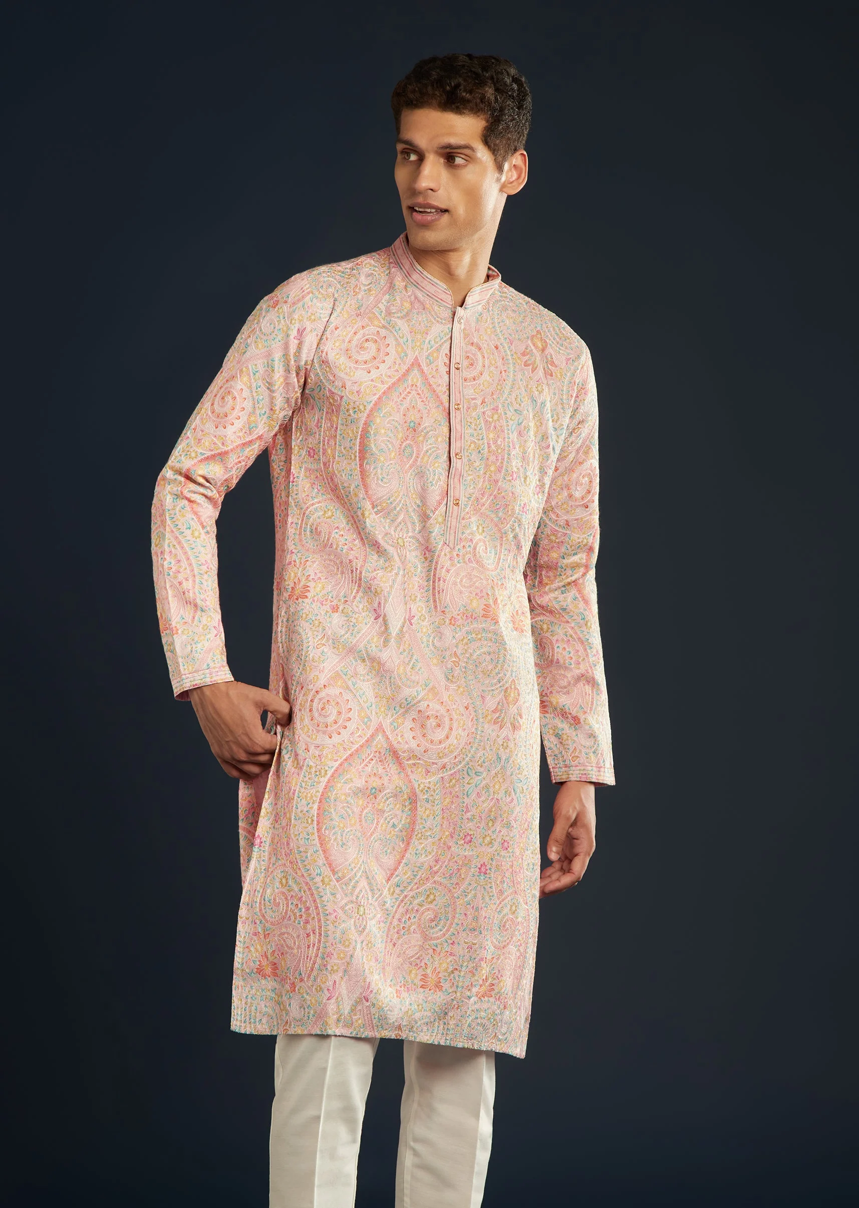 Pink Mens Kurta Set with Resham Thread Embroidery - Image 4