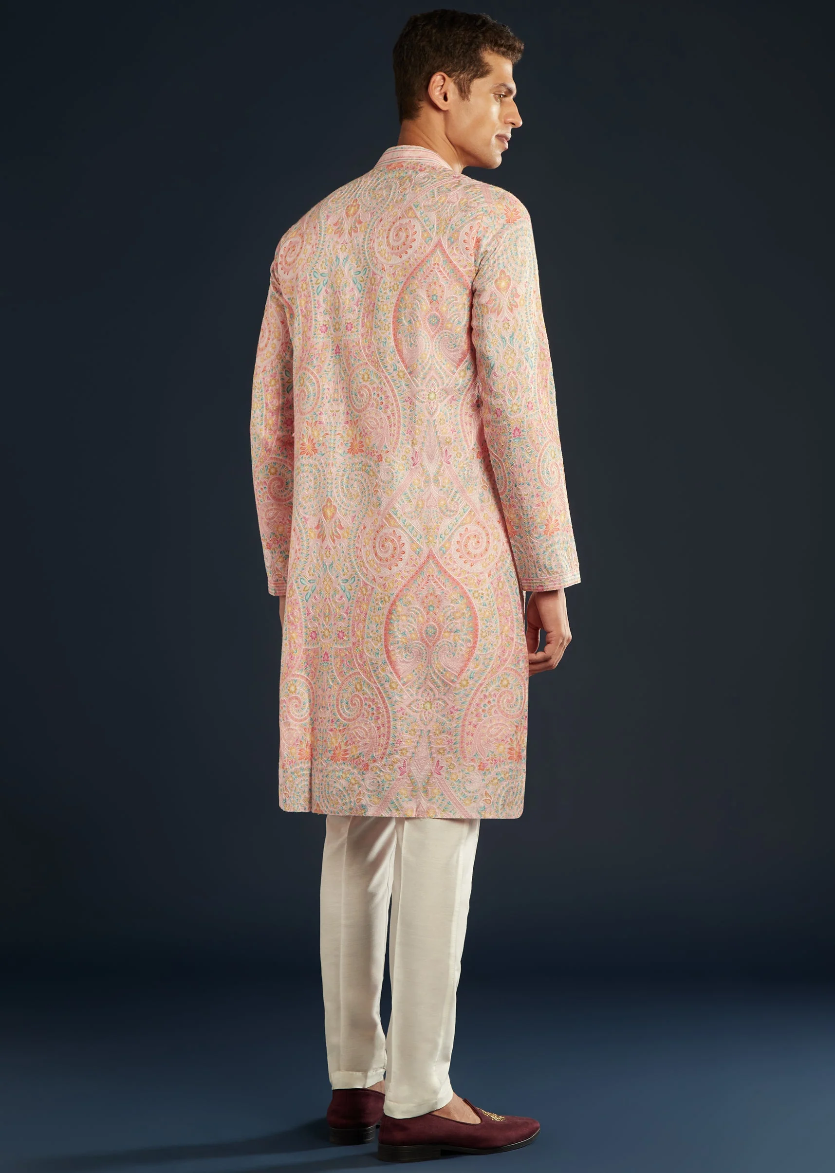 Pink Mens Kurta Set with Resham Thread Embroidery - Image 5