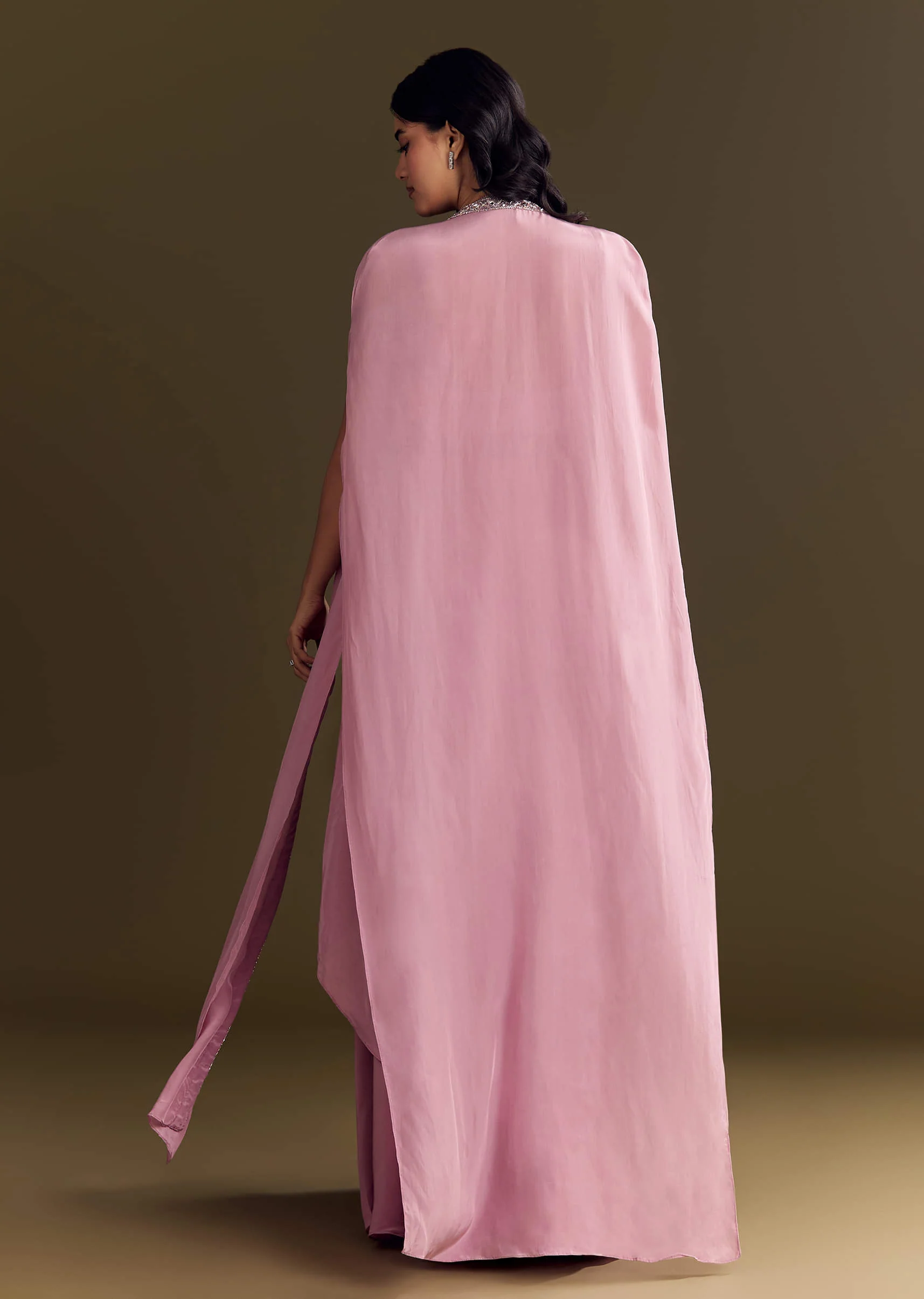 Pink Mirror Sequin Embroidered Croptop Skirt With Cape - Image 4