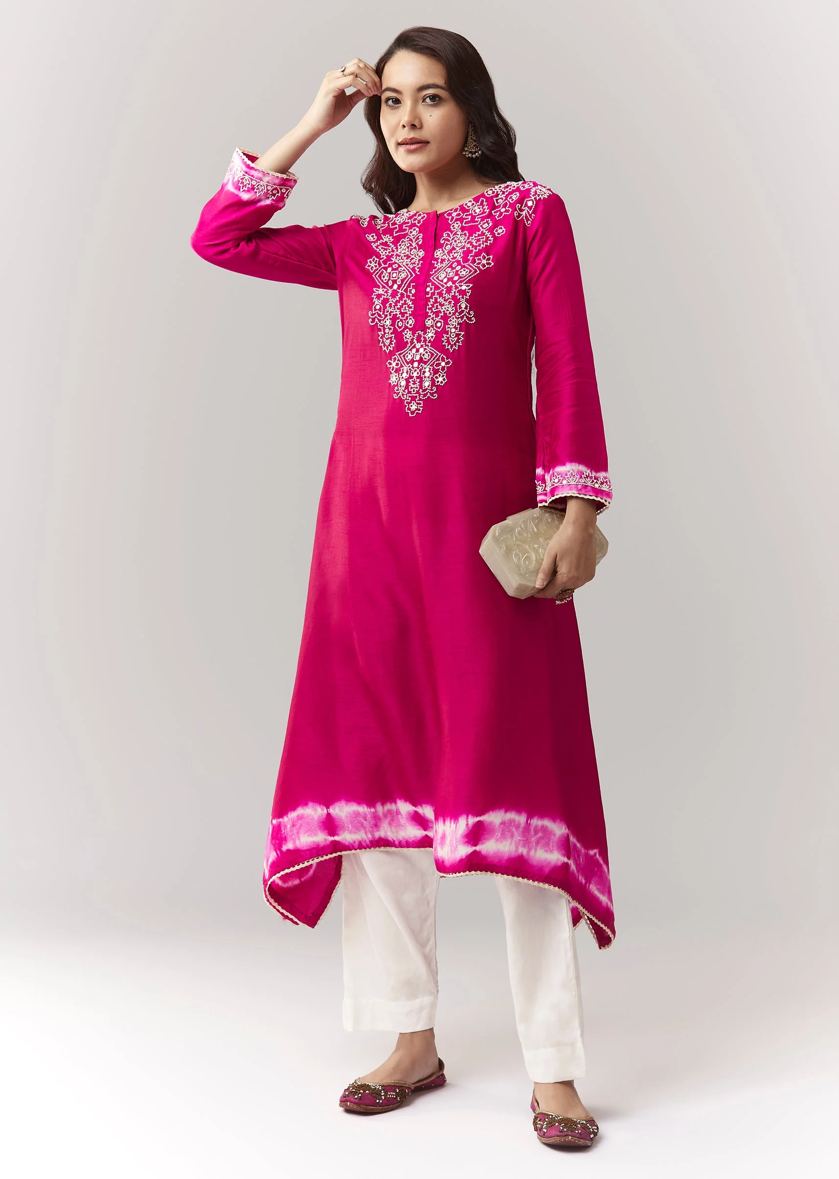 Pink Moti Mirror Kurta Pant Coord With Leheriya Border