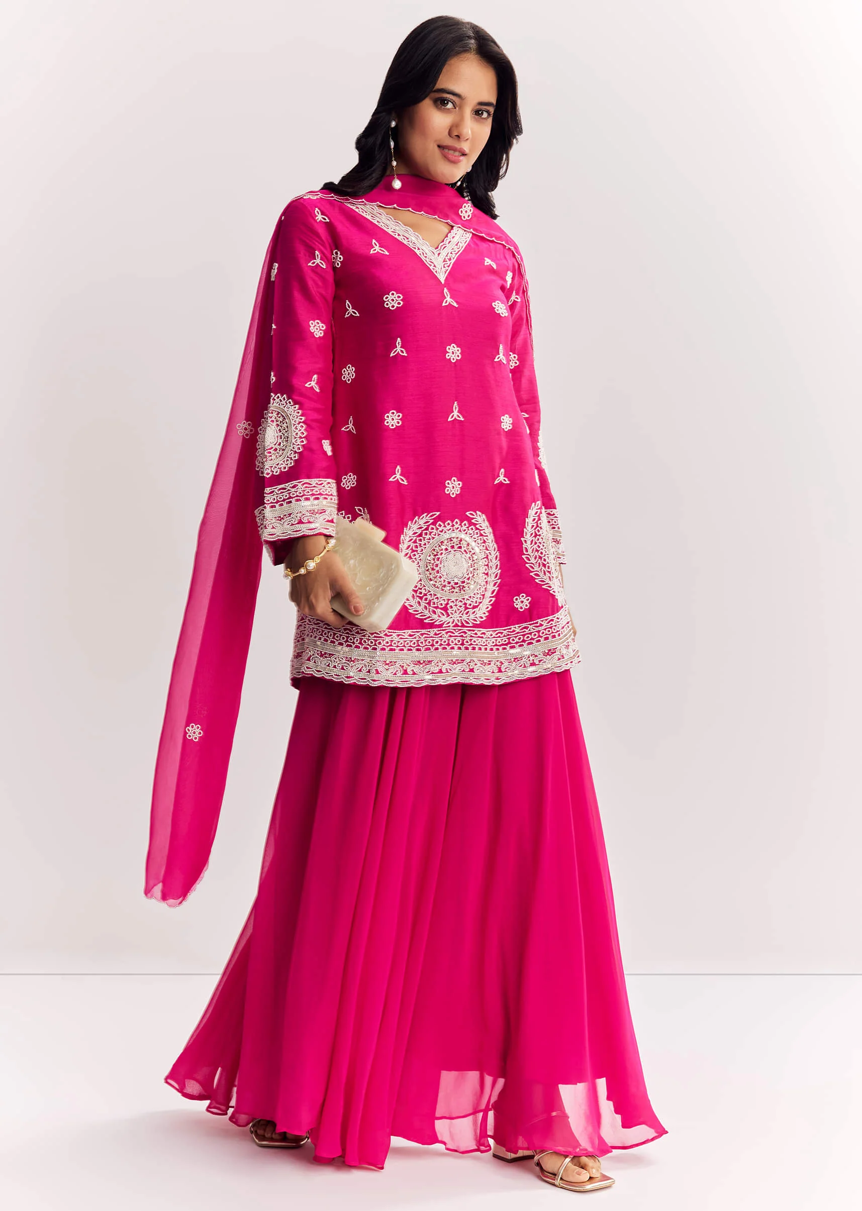 Pink Moti Work Short Kurta Palazzo Suit With Organza Dupatta - Image 2