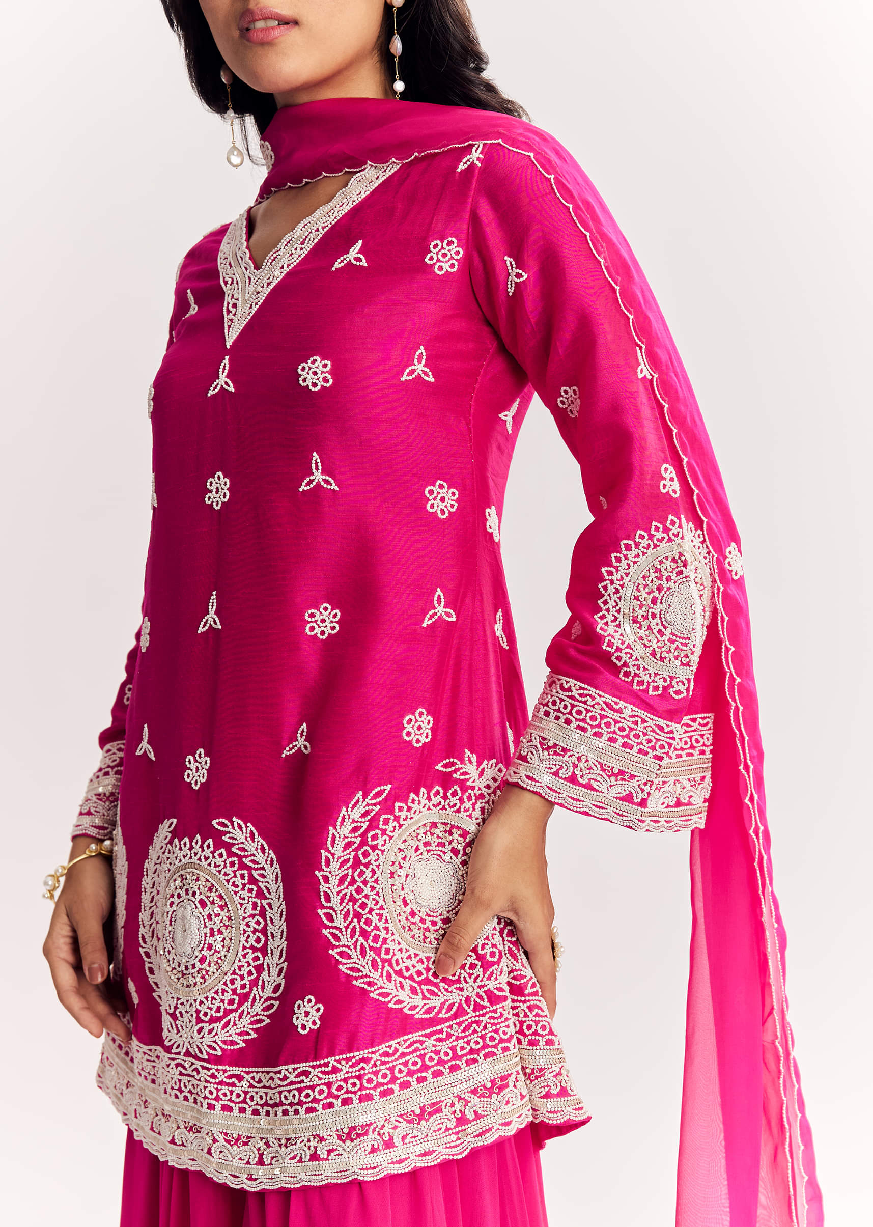 Pink Moti Work Short Kurta Palazzo Suit With Organza Dupatta - Image 3