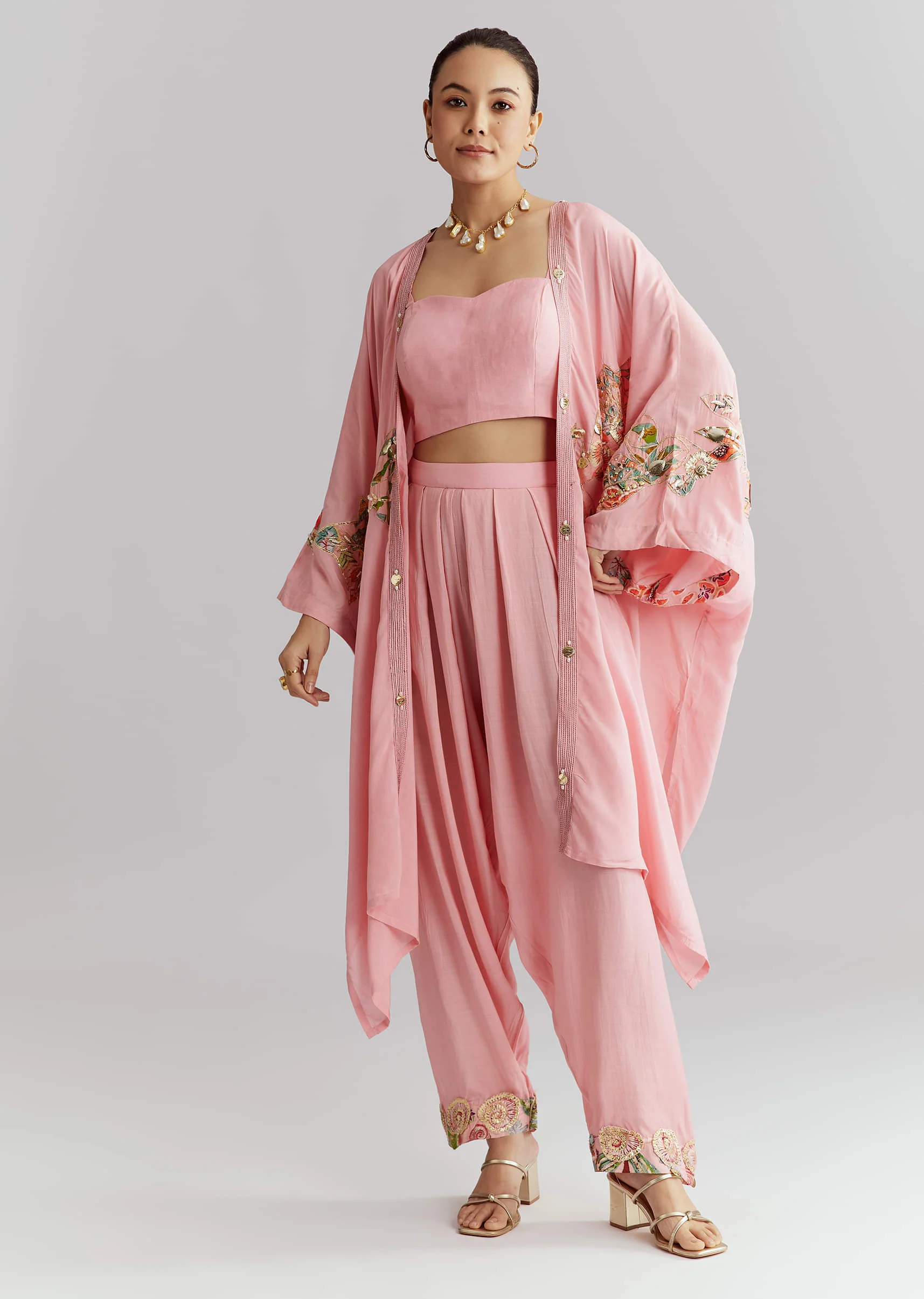 Pink Muslin Crop Top And Jacket Set With Gotta Work