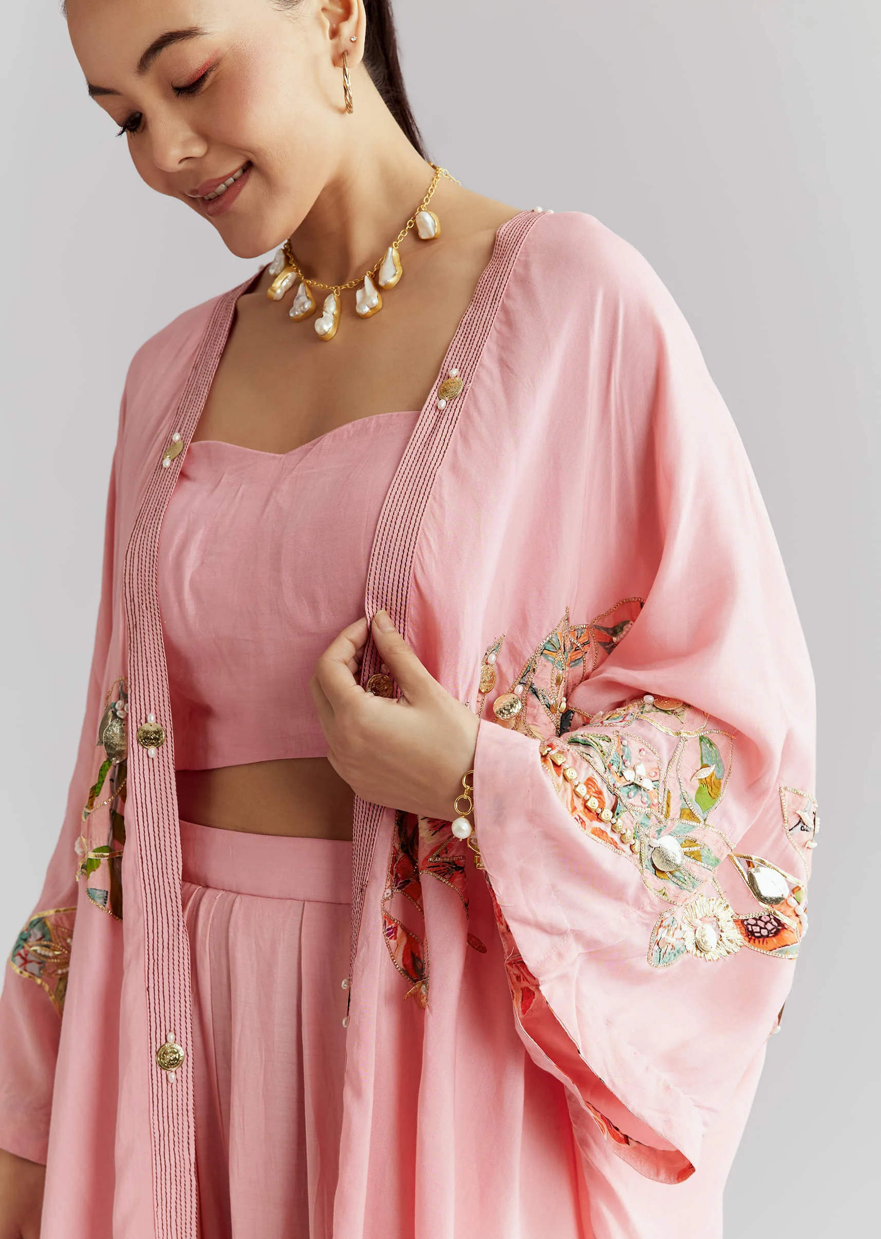 Pink Muslin Crop Top And Jacket Set With Gotta Work - Image 2