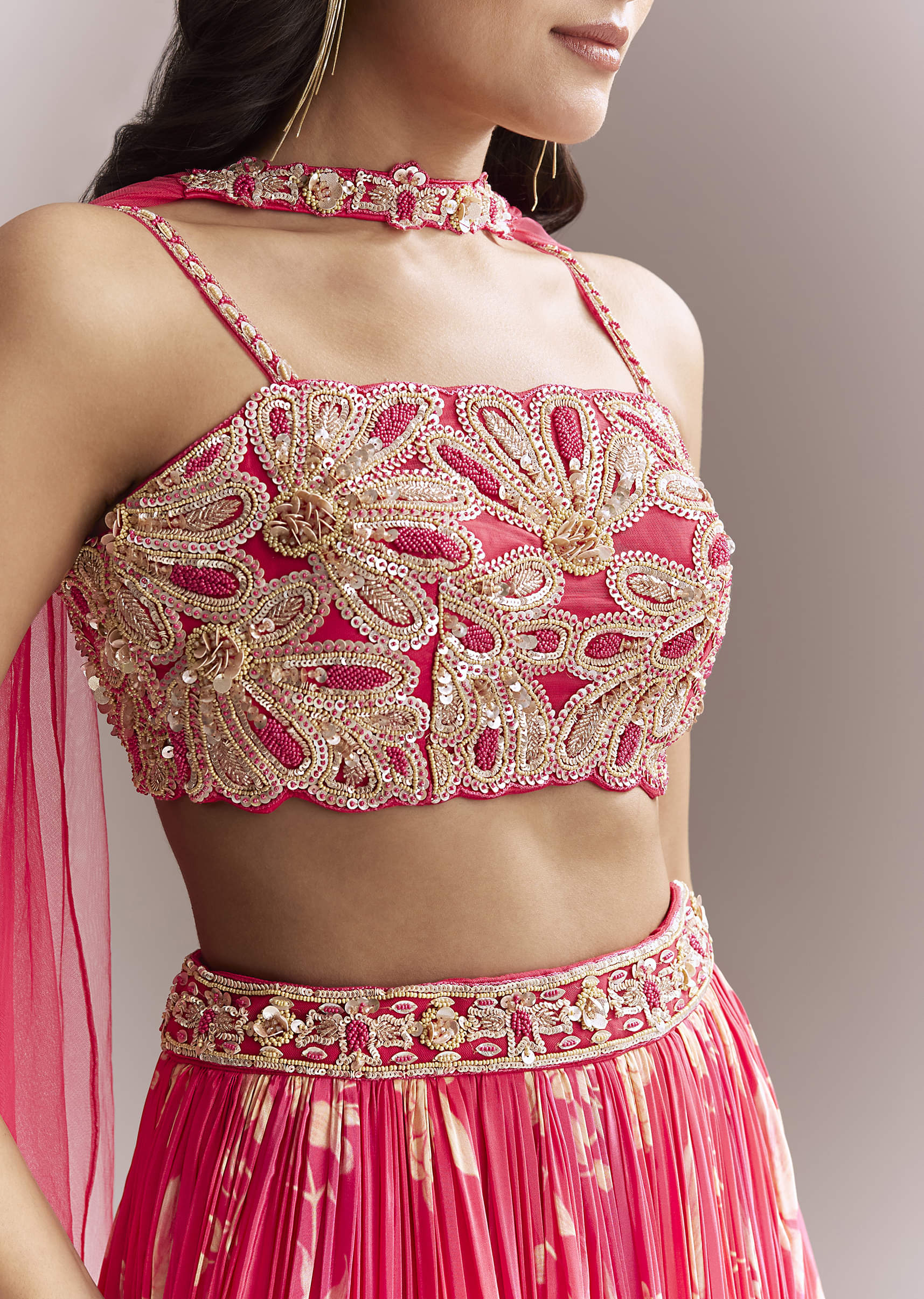 Pink Net Bridesmaid Lehenga With Floral Print And Heavy Embroidery - Image 3