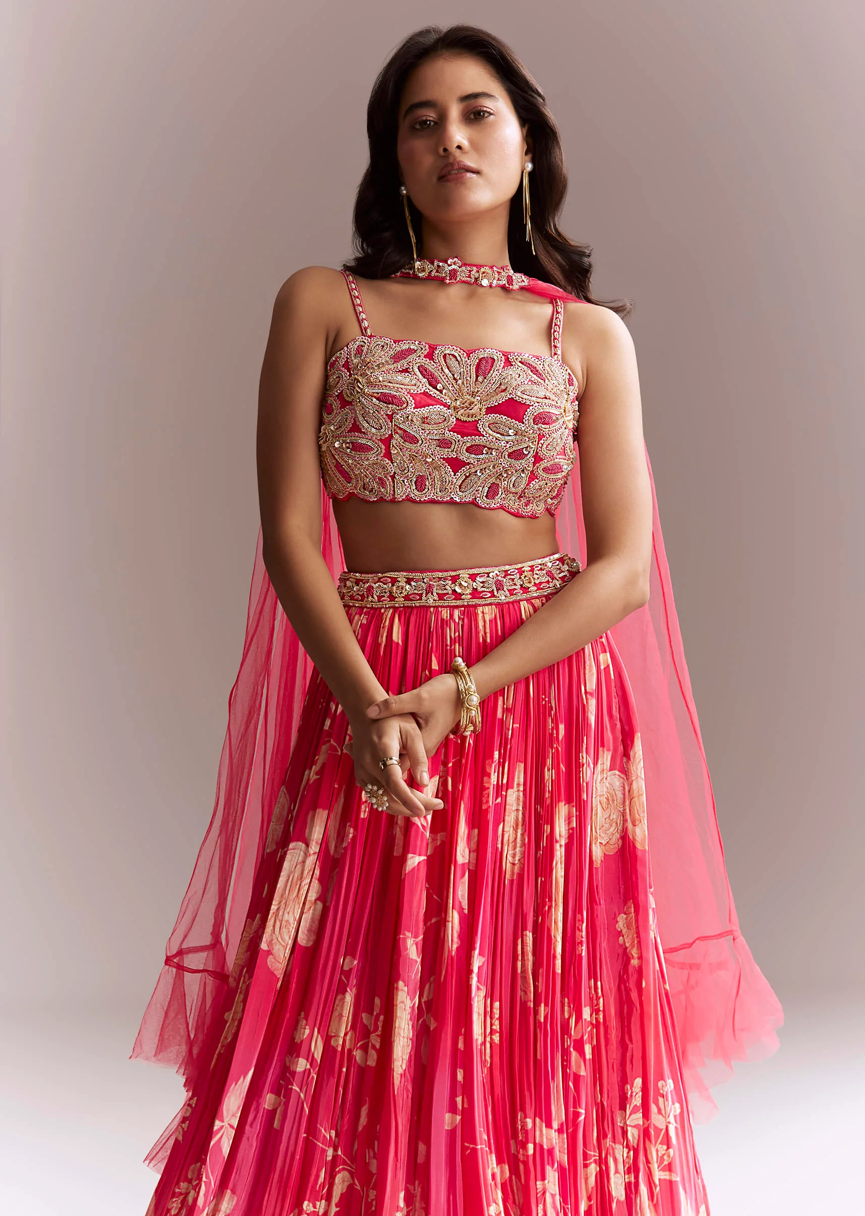 Pink Net Bridesmaid Lehenga With Floral Print And Heavy Embroidery - Image 5