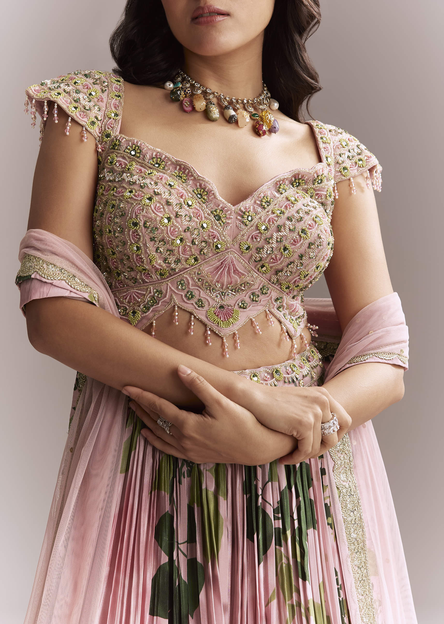 Pink Net Floral Bridesmaid Lehenga With Heavy Embroidery - Image 3