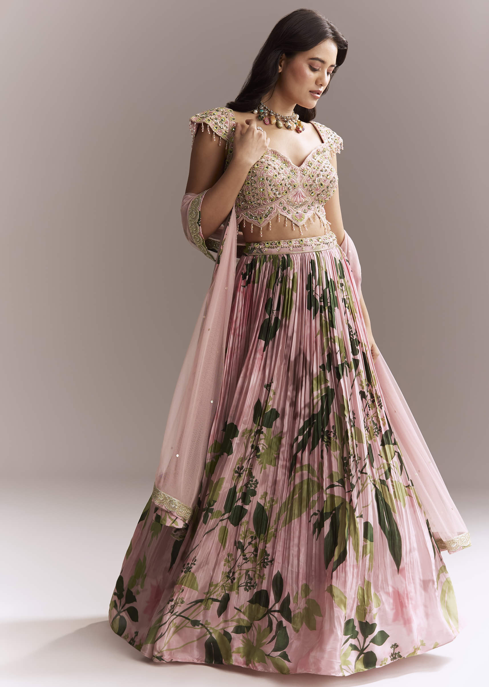 Pink Net Floral Bridesmaid Lehenga With Heavy Embroidery - Image 4