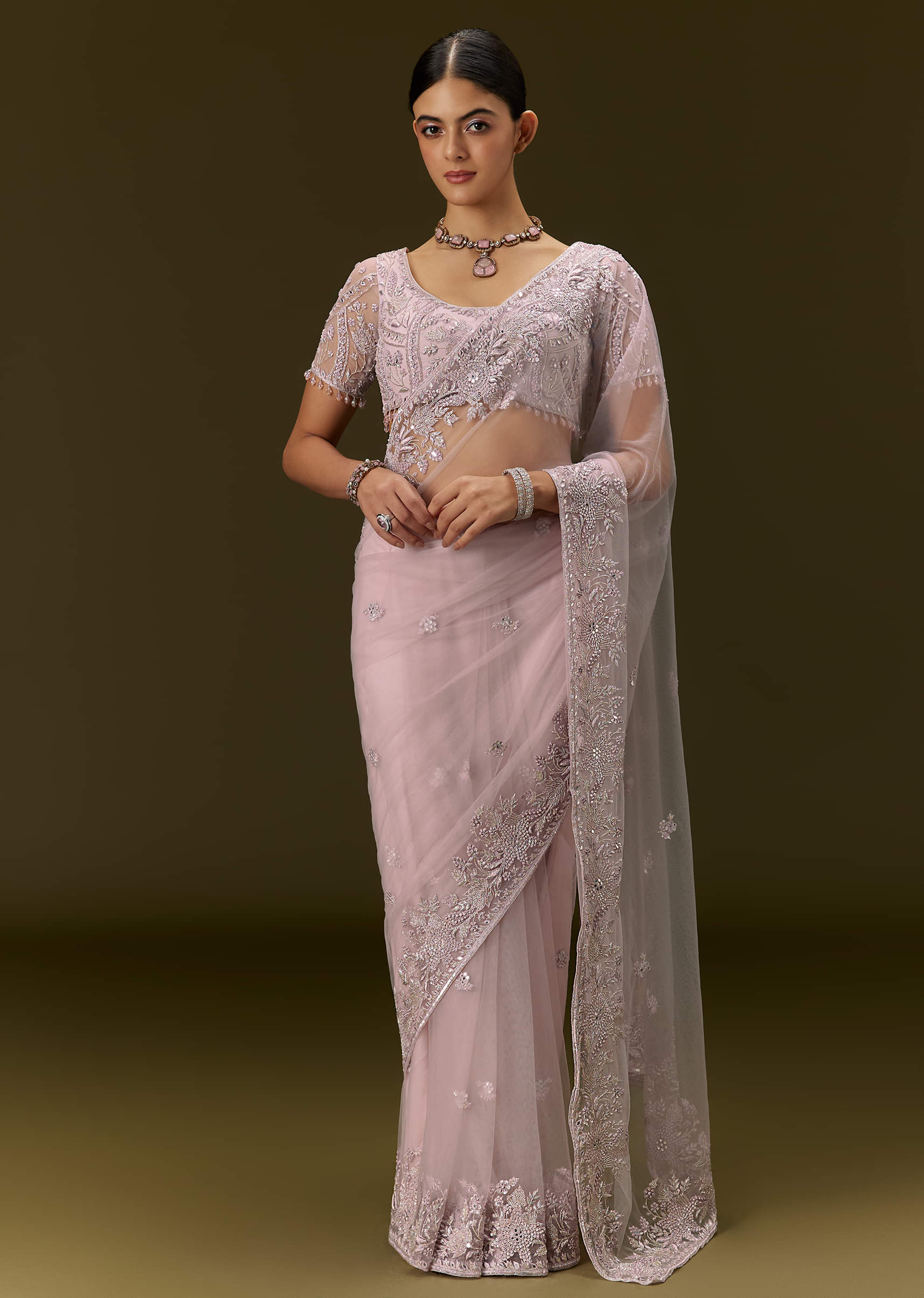 Pink Net Saree With All Over Embroidery - Image 5
