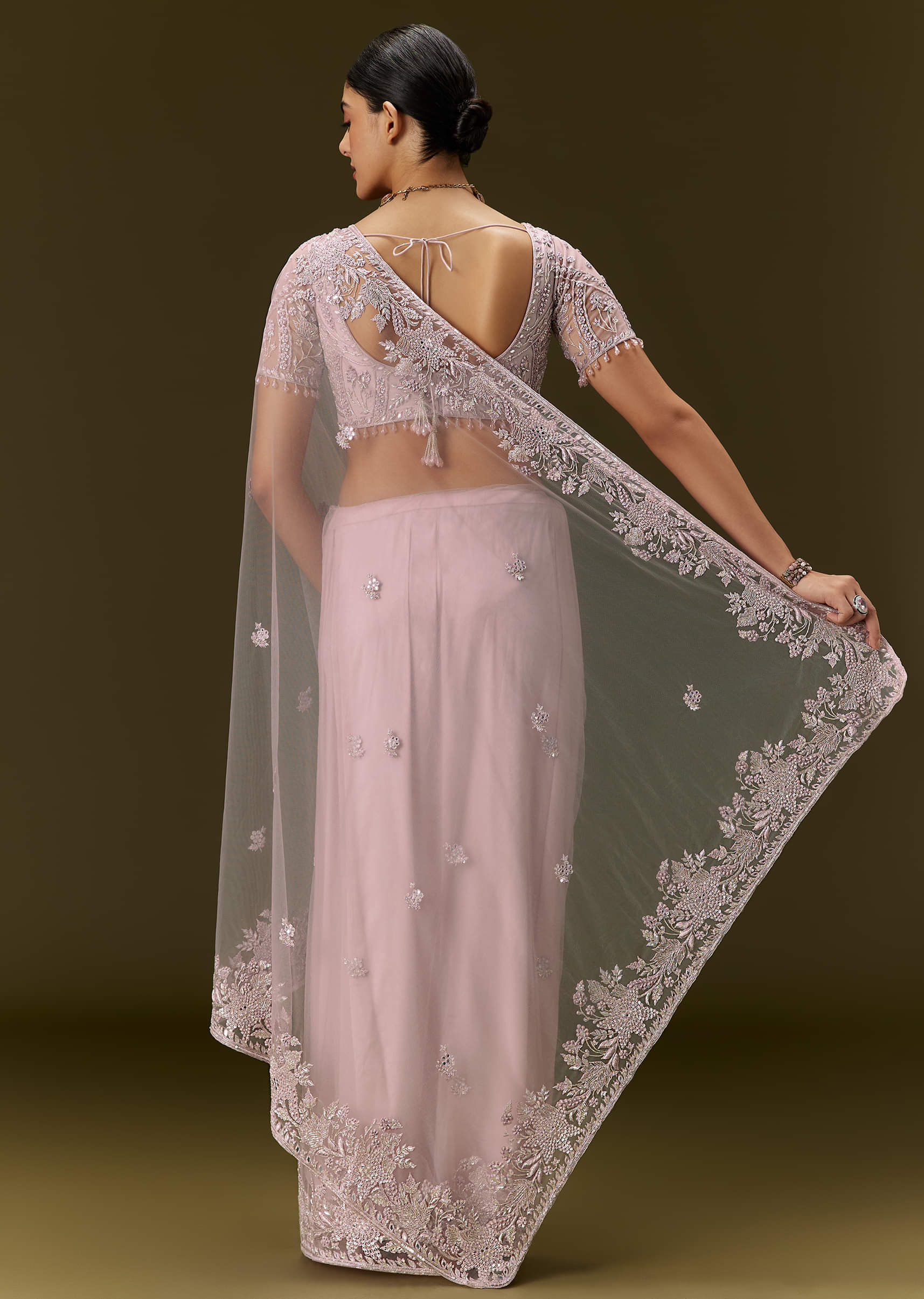 Pink Net Saree With All Over Embroidery - Image 6