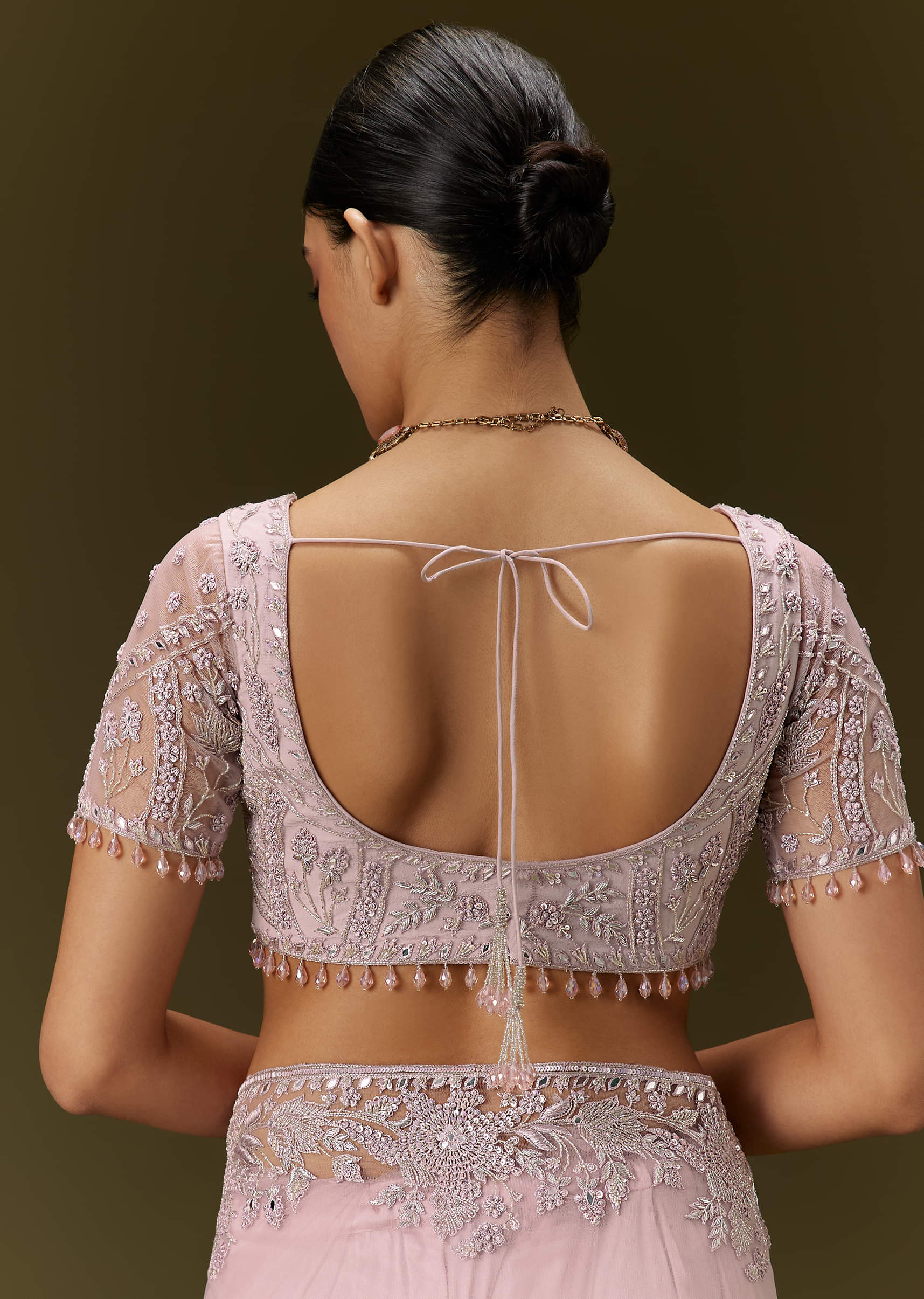 Pink Net Saree With All Over Embroidery - Image 8