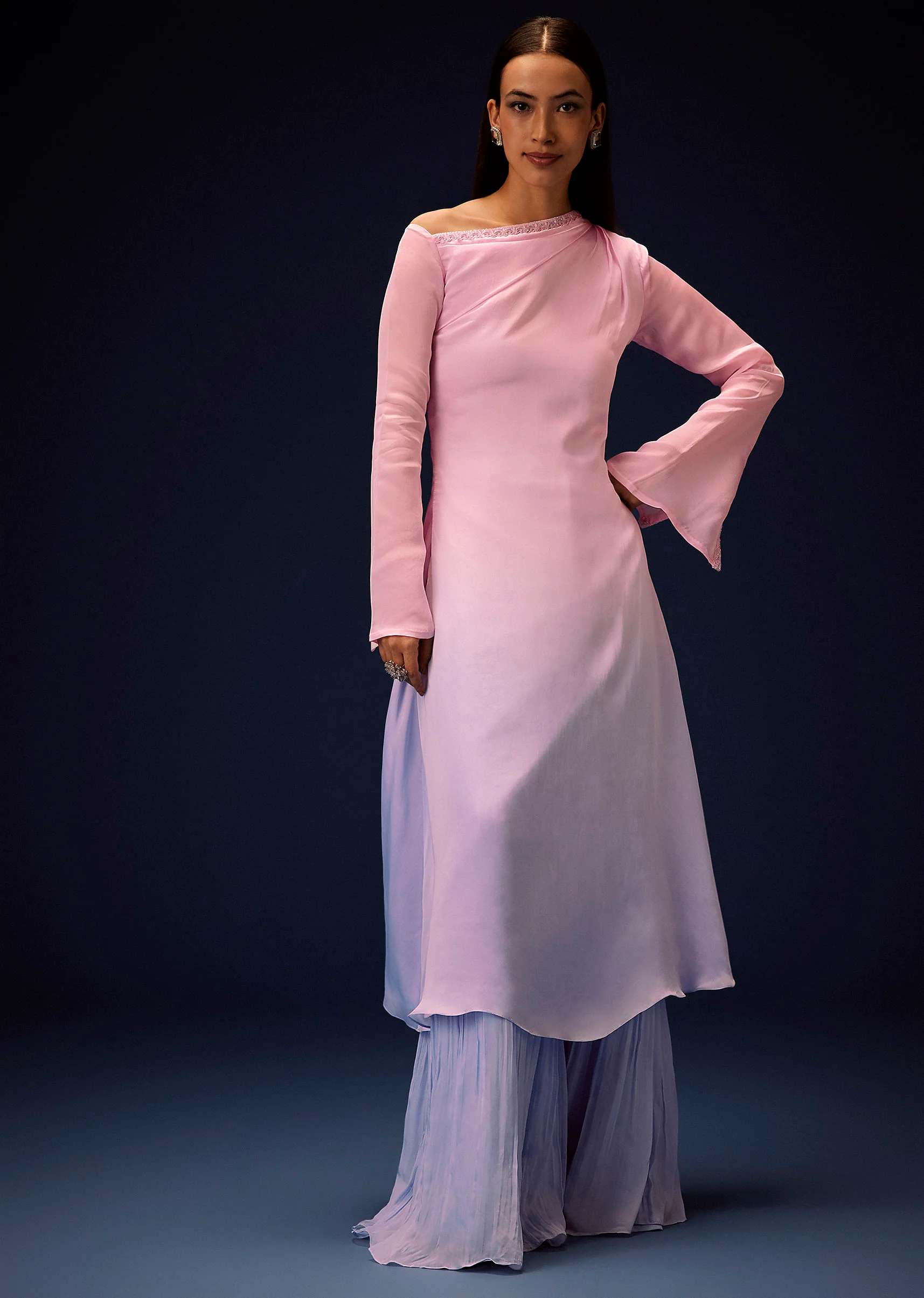Pink Ombre A Line Kurta With Bell Bottom Pants - Image 3