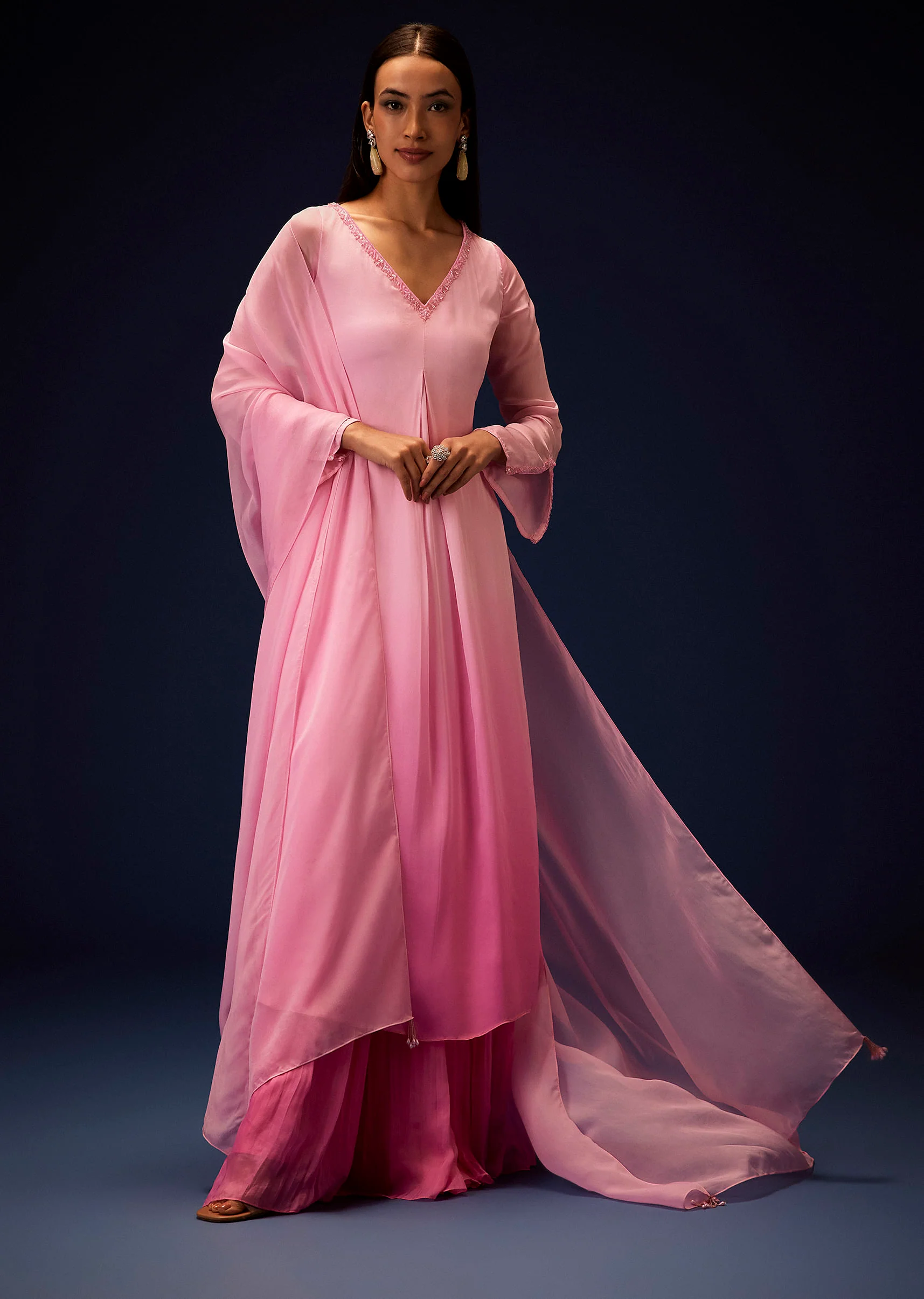 Pink Ombre Bell Sleeved Kurta With Palazzo And Dupatta - Image 3