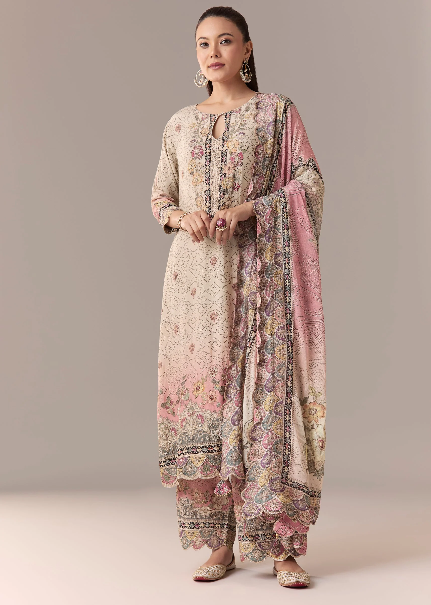 Pink Ombre Printed Kurta Set With Pant And Dupatta - Image 3