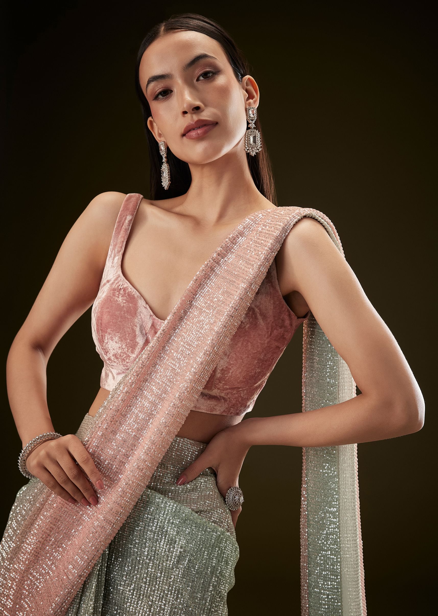 Pink Ombre Sequence Ready To Wear Saree With Velvet Blouse - Image 5