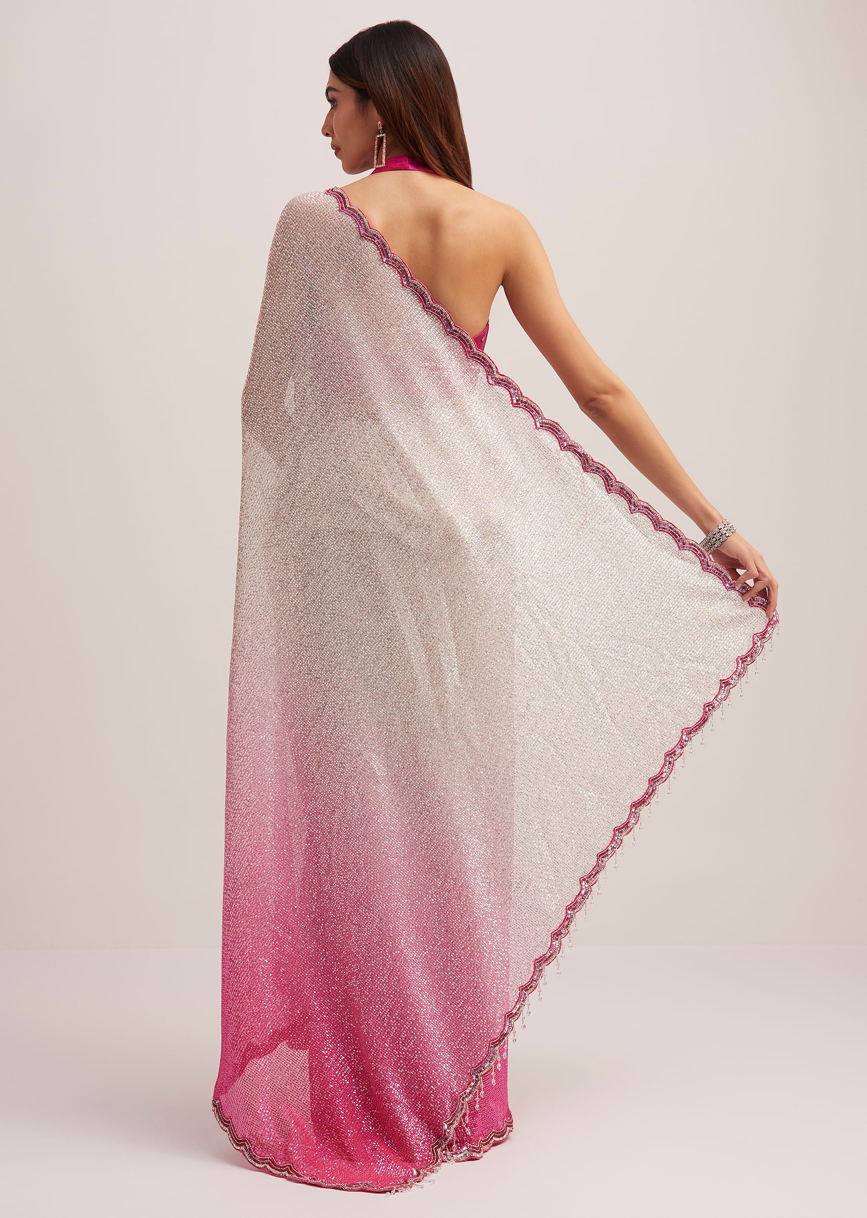 Pink Ombre Sequins Saree With Scallop Border - Image 4