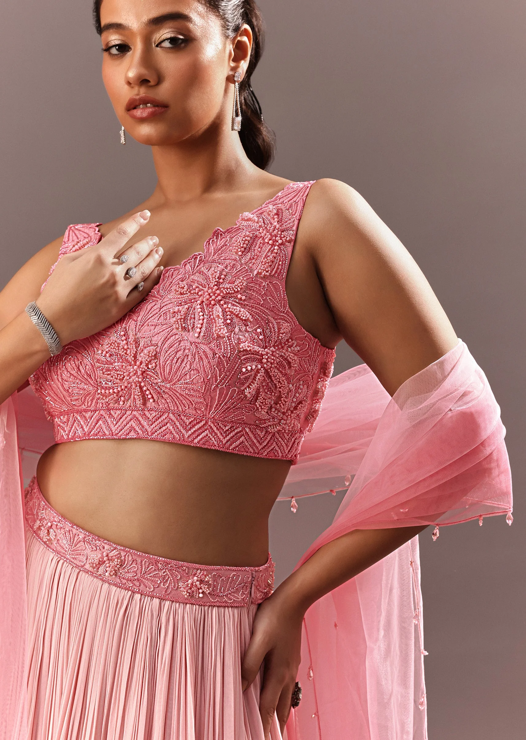 Pink Onbre Georgette Tiered Lehenga And Dupatta With V Neck Embroidered Raw Silk Blouse - Image 2