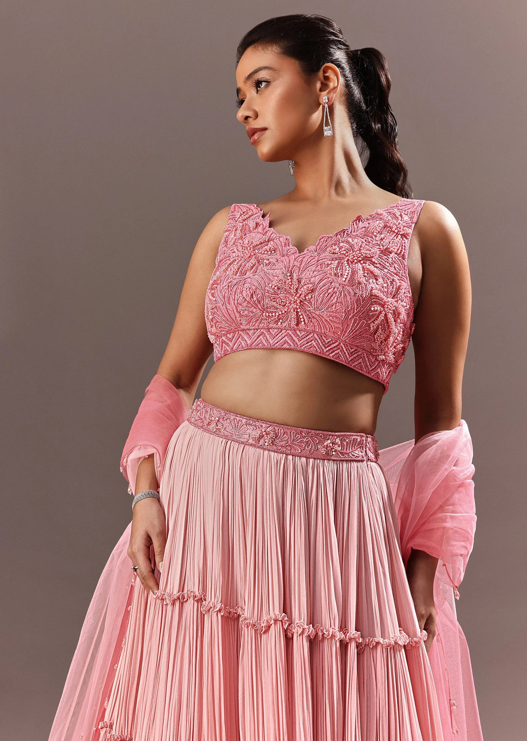 Pink Onbre Georgette Tiered Lehenga And Dupatta With V Neck Embroidered Raw Silk Blouse - Image 4