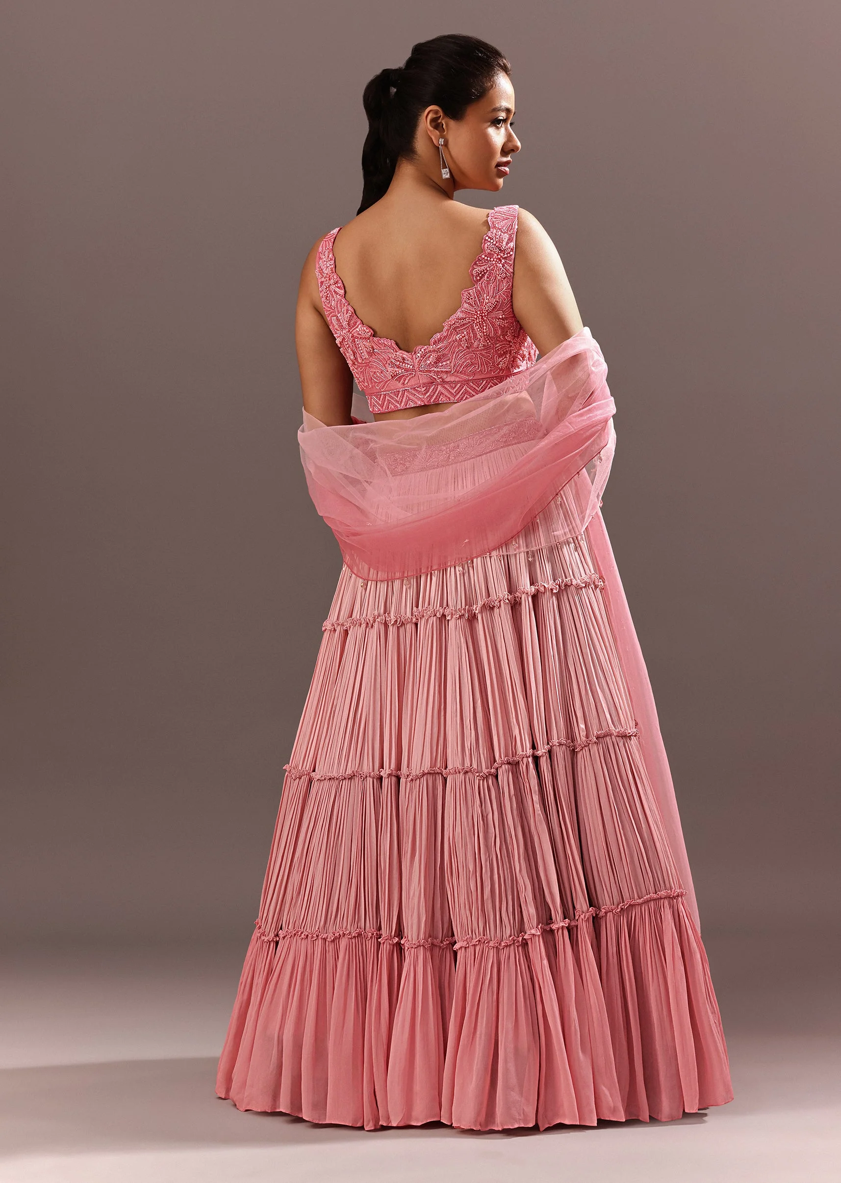 Pink Onbre Georgette Tiered Lehenga And Dupatta With V Neck Embroidered Raw Silk Blouse - Image 5