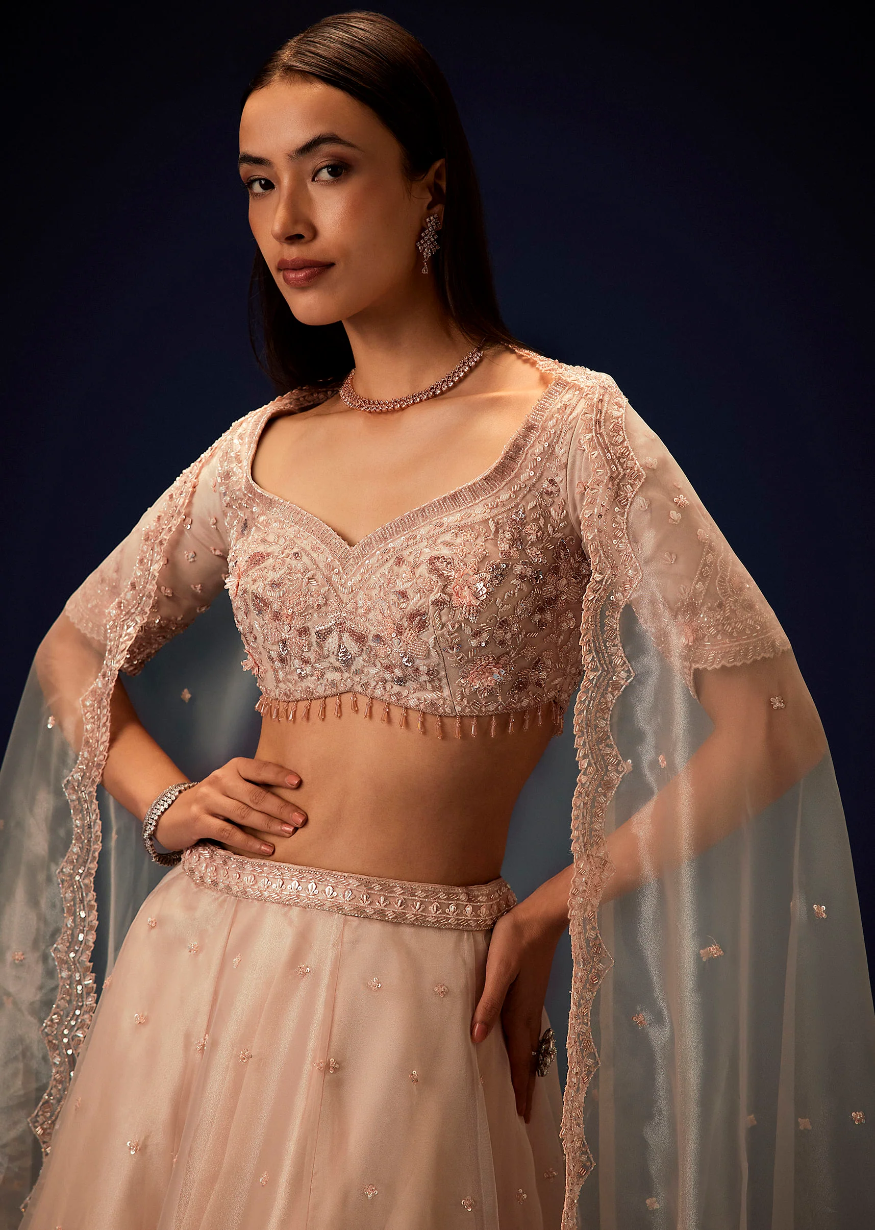 Pink Organza 8 Kali Lehenga With Embroidered Blouse and Cutwork Dupatta - Image 4