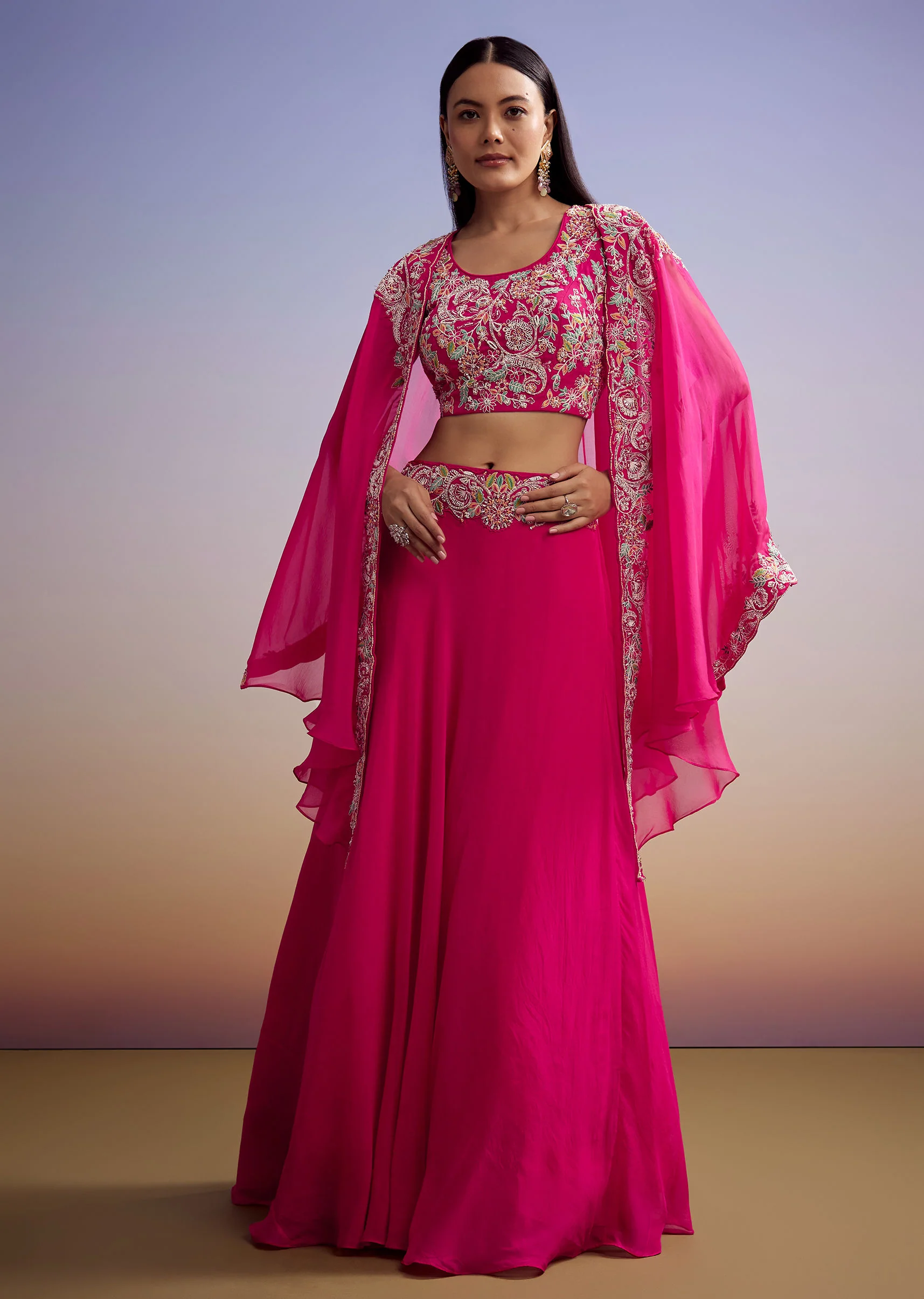 Pink Organza Crop Top And Skirt Set With Embroidered Cape - Image 3