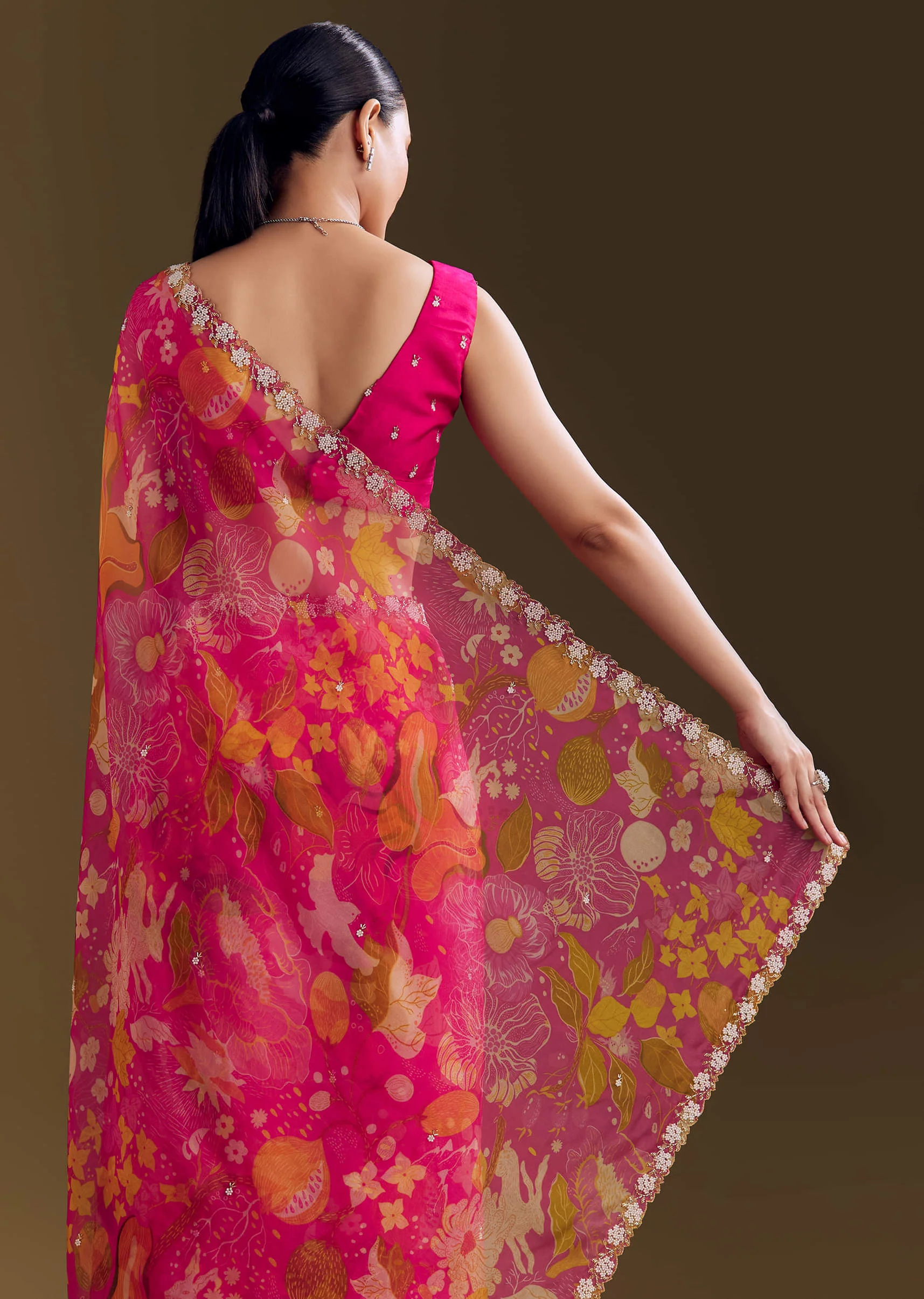 Pink Organza Floral Saree With Embellished Border - Image 4