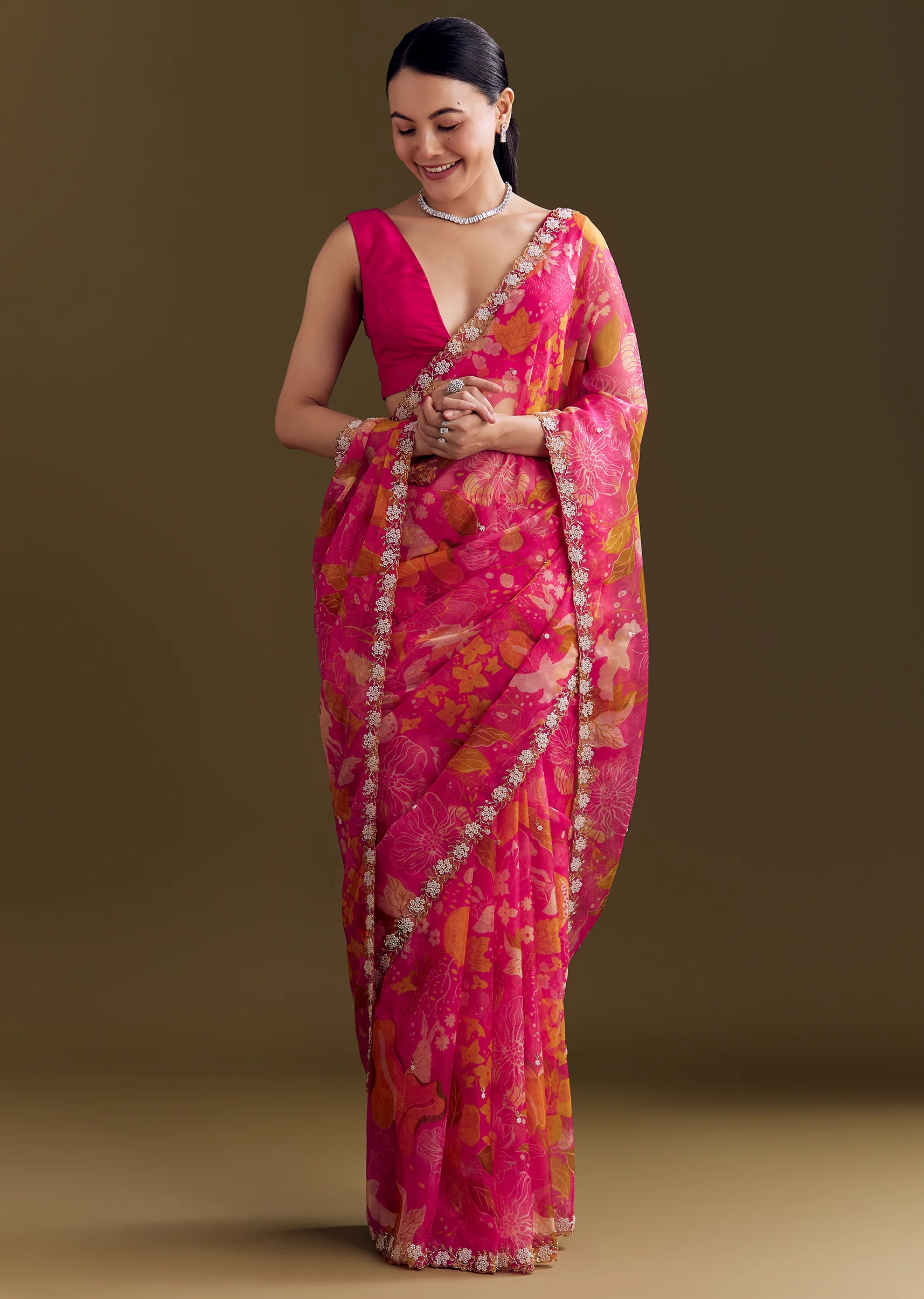 Pink Organza Floral Saree With Embellished Border - Image 5