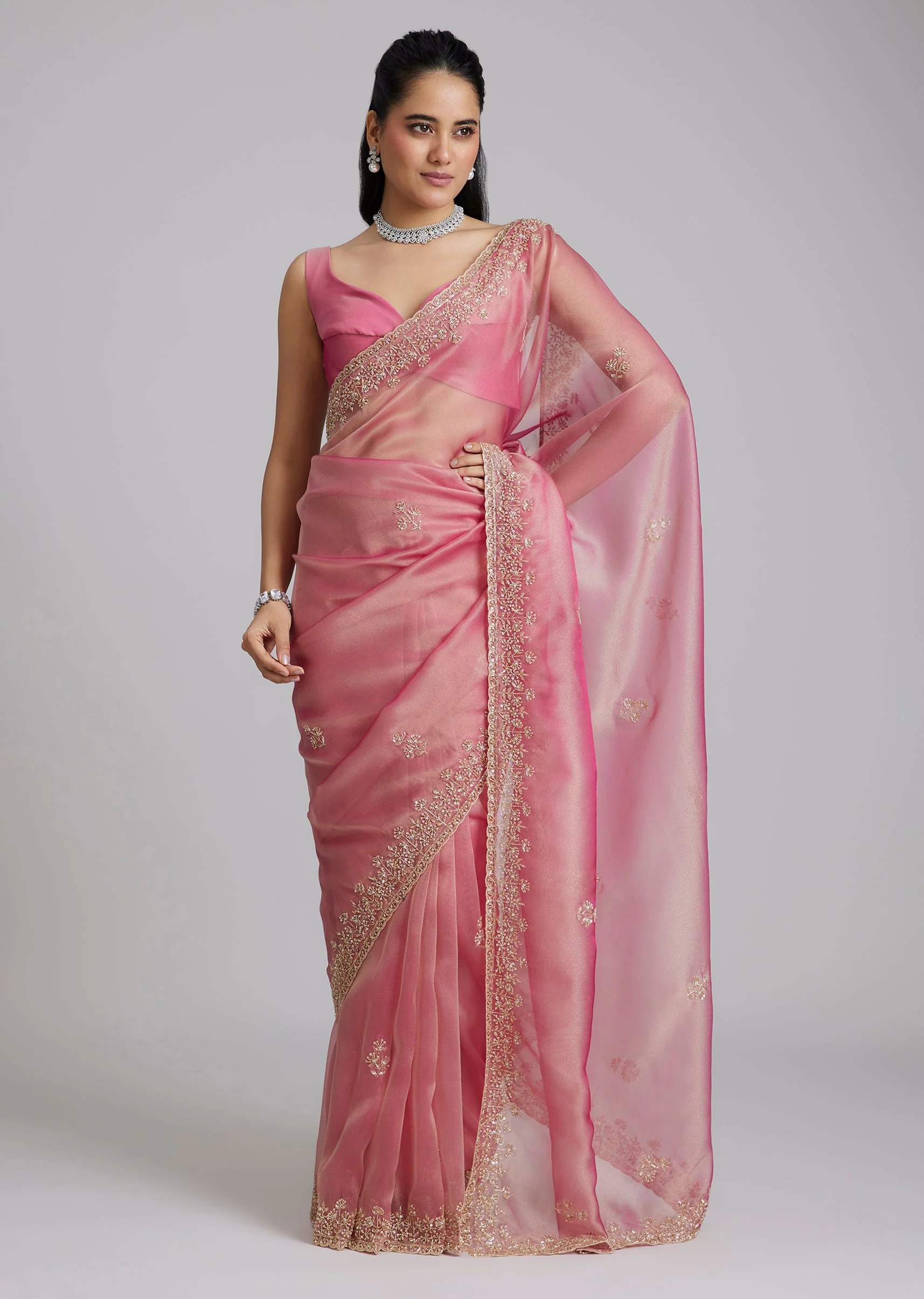 Pink Organza Saree With Floral Border - Image 3
