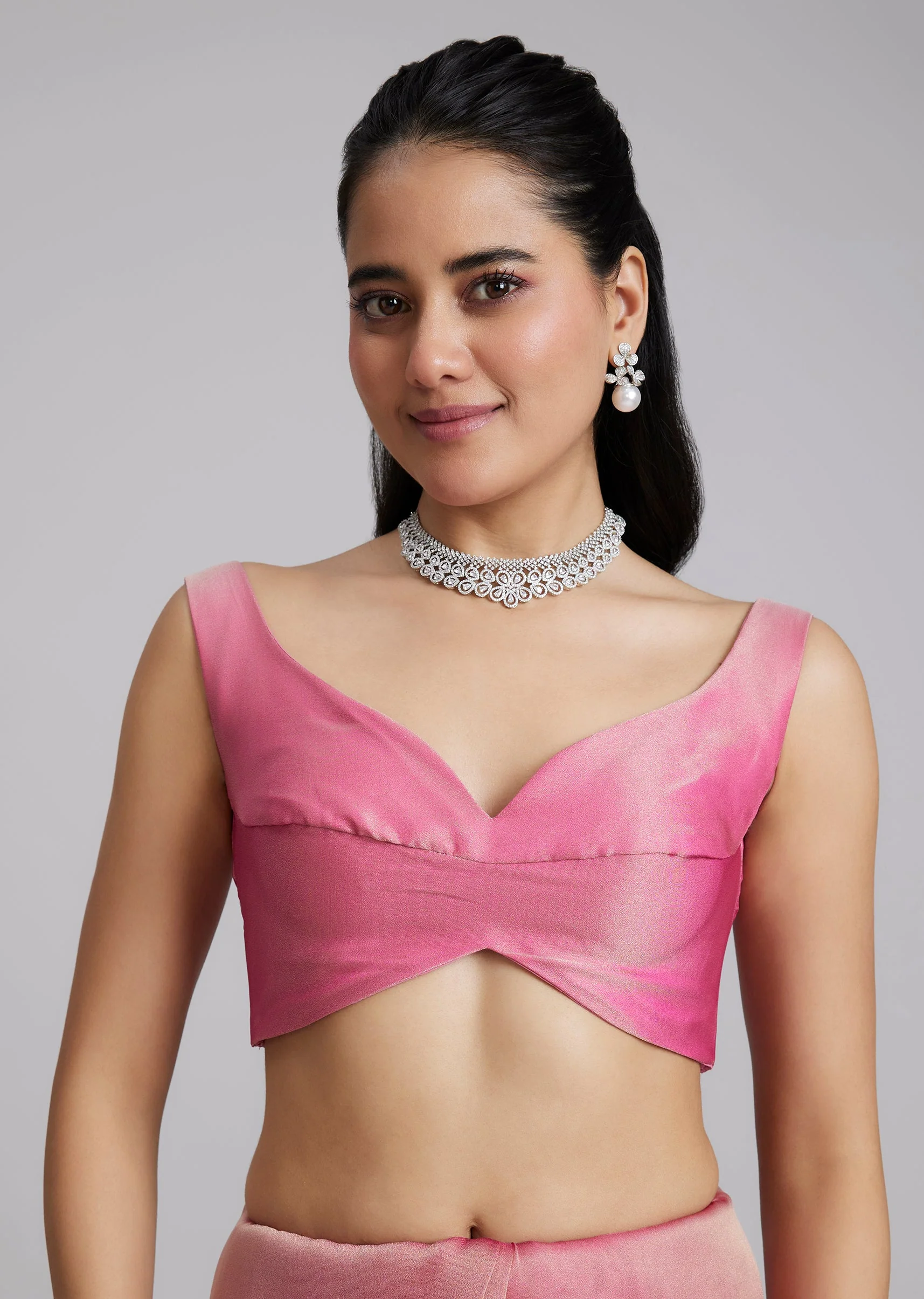 Pink Organza Saree With Floral Border - Image 7