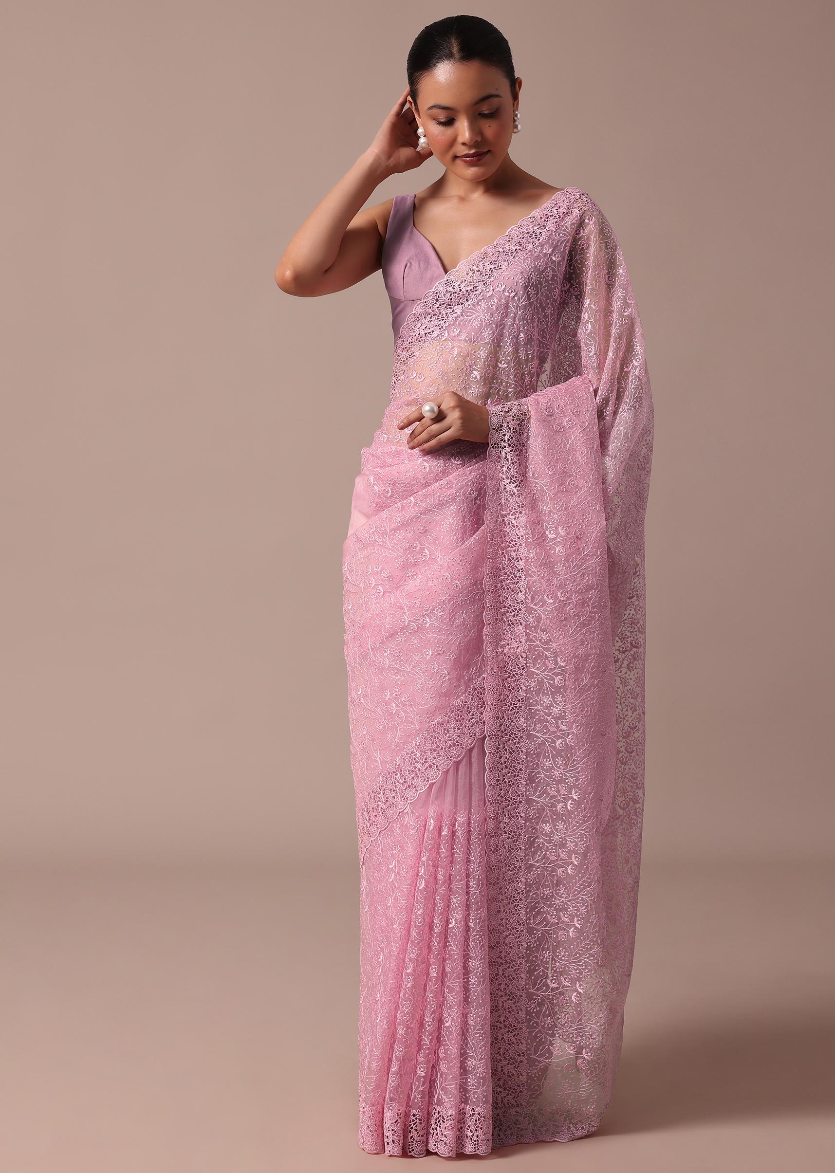 Pink Organza Saree With Unstitched Blouse - Image 5