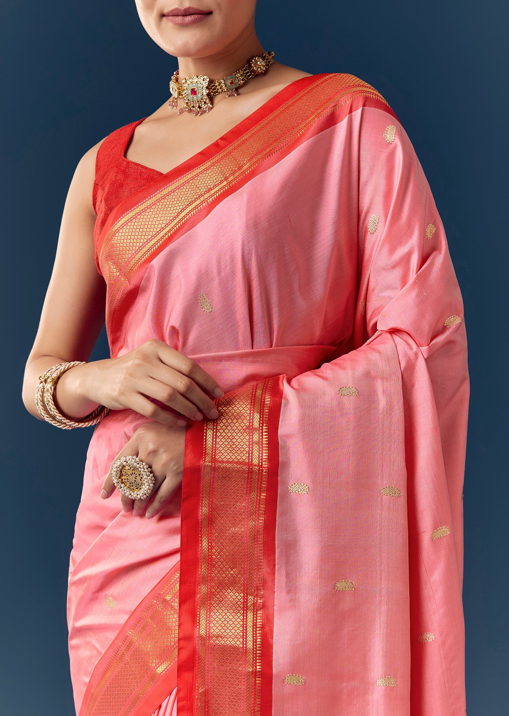 Pink Paithani Silk Saree with Contrast Red Zari Border - Image 2